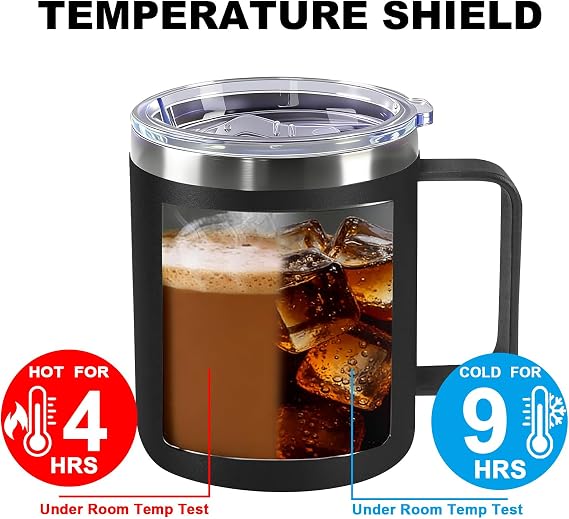 Thermal Mug 360 ml Cup with Stainless Steel Handle Coffee Mug Thermal for Coffee to Go with Leak-Proof Lid Insulated Travel Mug for Office Outdoor Hiking and Camping (Black)
