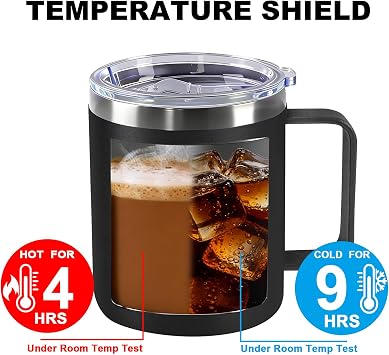 Thermal Mug 360 ml Cup with Stainless Steel Handle Coffee Mug Thermal for Coffee to Go with Leak-Proof Lid Insulated Travel Mug for Office Outdoor Hiking and Camping (Black)