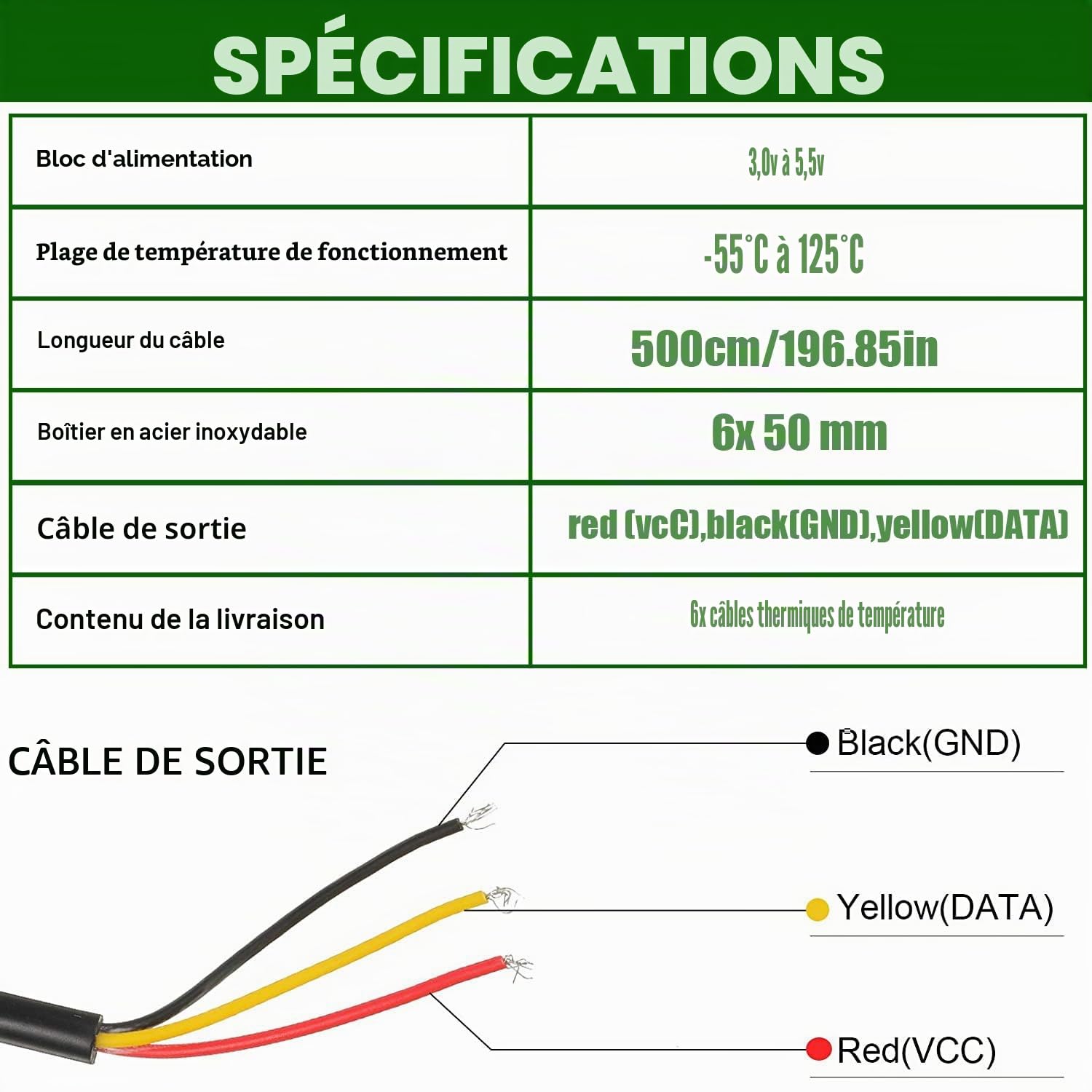 Capteur de Température 5M Sonde Temperature 6 Pièces Sonde de Température Numérique Étanche en Acier Inoxydable Compatible avec Arduino et Raspberry Pi