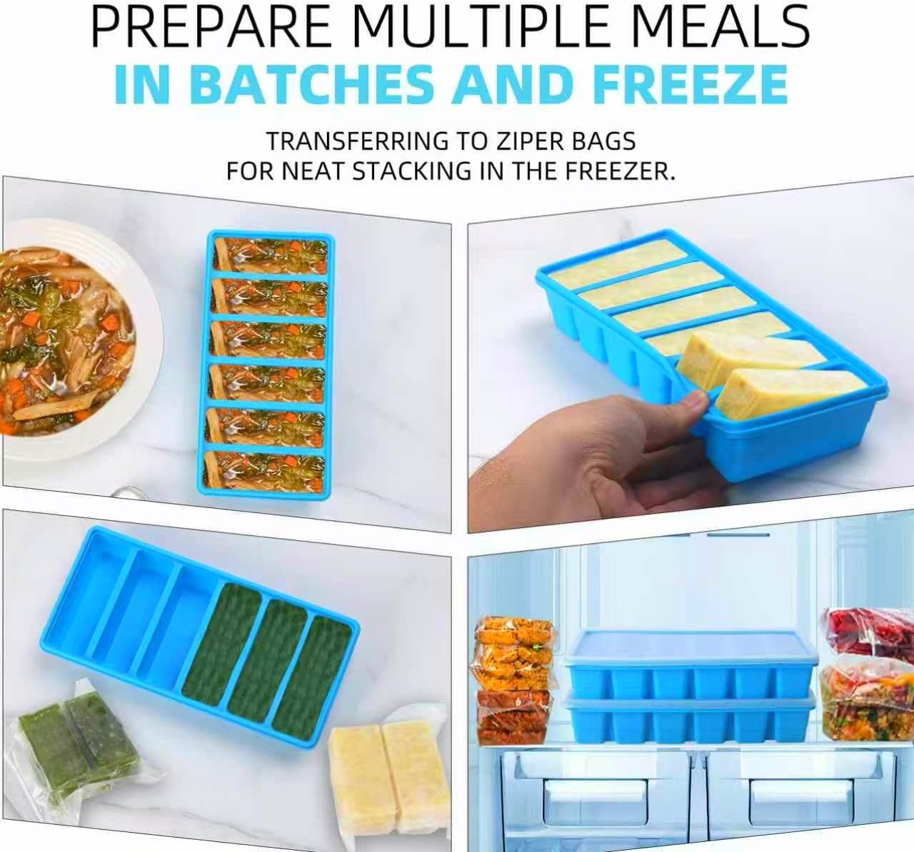 1/2 Cup Silicone Freezer Tray With Lid - Silicone Freezer Molds 4 Pack For meal prep & freezing of various sauces and other dishes, makes 24 perfect 1/2 cup portions cubes (Blue 4 Pack)