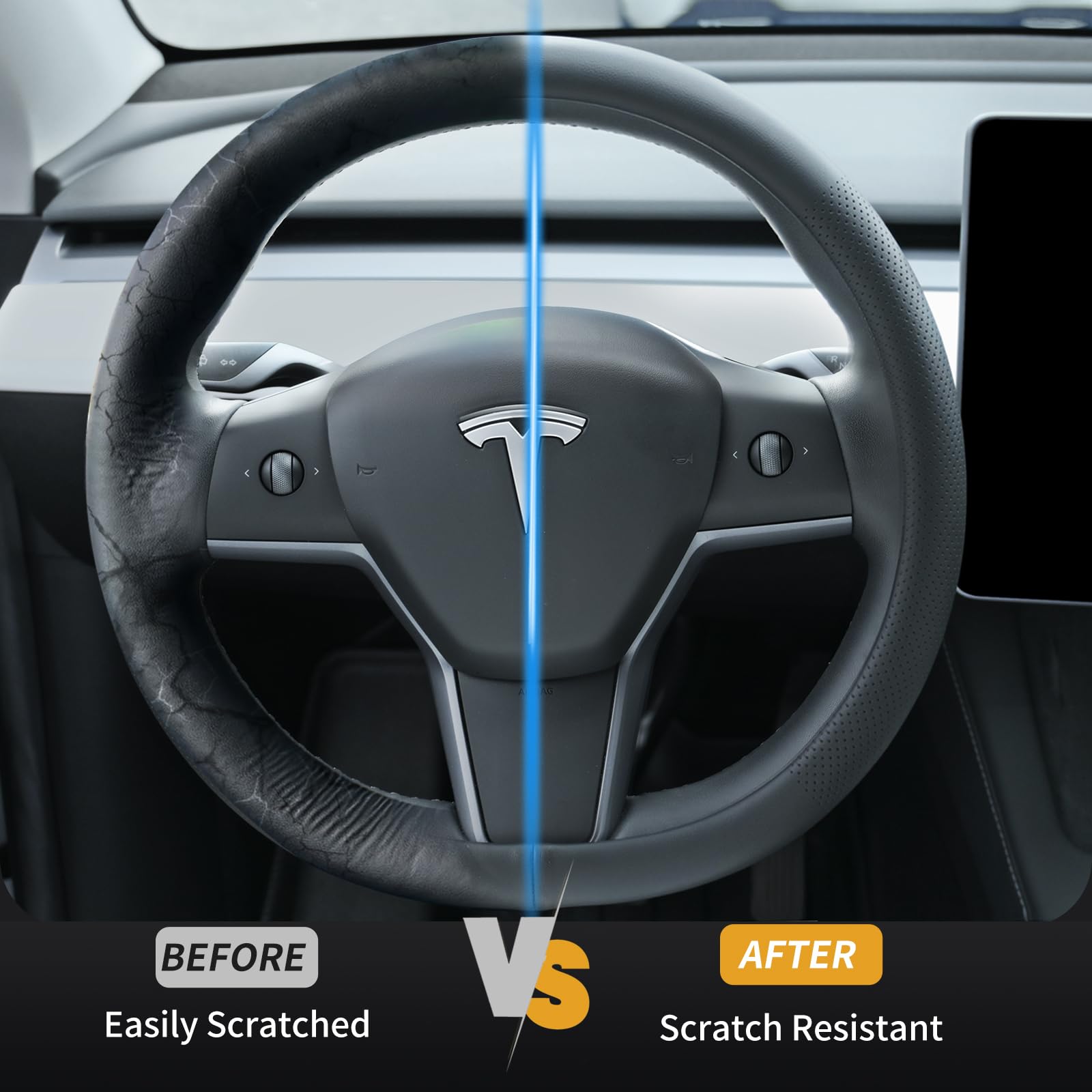 Nappa Leather Steering Wheel Cover for Tesla Model 3/Y 2016-2025 2026 Juniper/Highland, Non-Slip Breathable Tesla Model 3/Y Steering Wheel Protector, Black