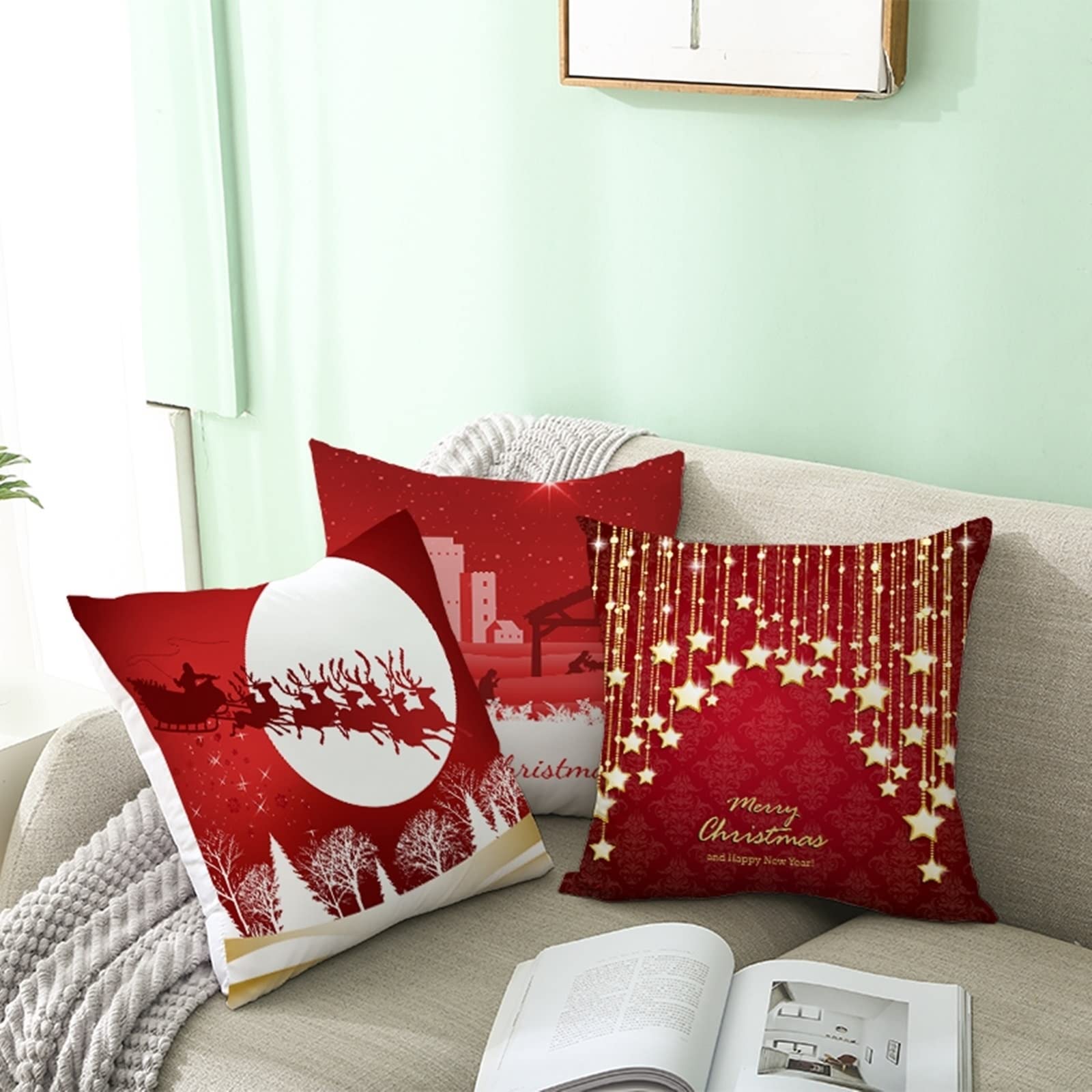 BCughia Copricuscini Natalizi per Divano, Federa 40x40 Oro Nero Poliestere Albero di Natale Fiocco di Neve Stella Natale 4 Federa Cuscino