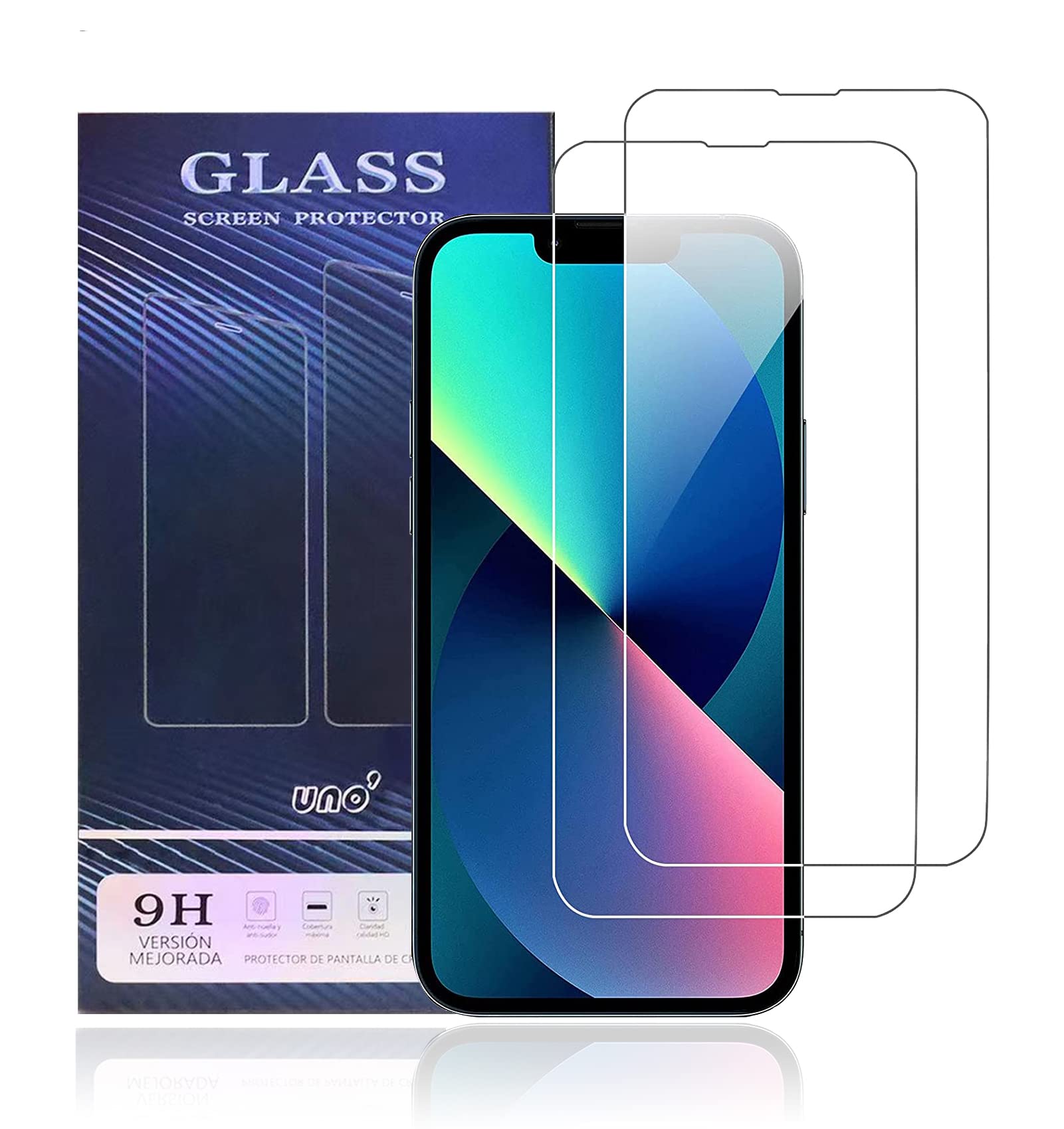 UNO' [2 Unidades] Protector Pantalla iPhone 13/13 Pro, Cristal Templado 9H Ultra Resistente con Definición HD, Protección Completa Sin Burbujas y Fácil Instalación.