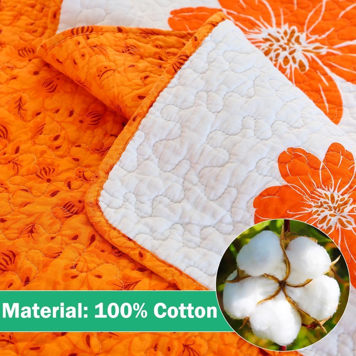 EVENHUG 100% Cotton Quilt Set Queen Size Orange Sunflower Floral Bedding Sets with Pillow Shams Breathable Lightweight Bedspreads Coverlet for All Season 3 Piece (92"x96")