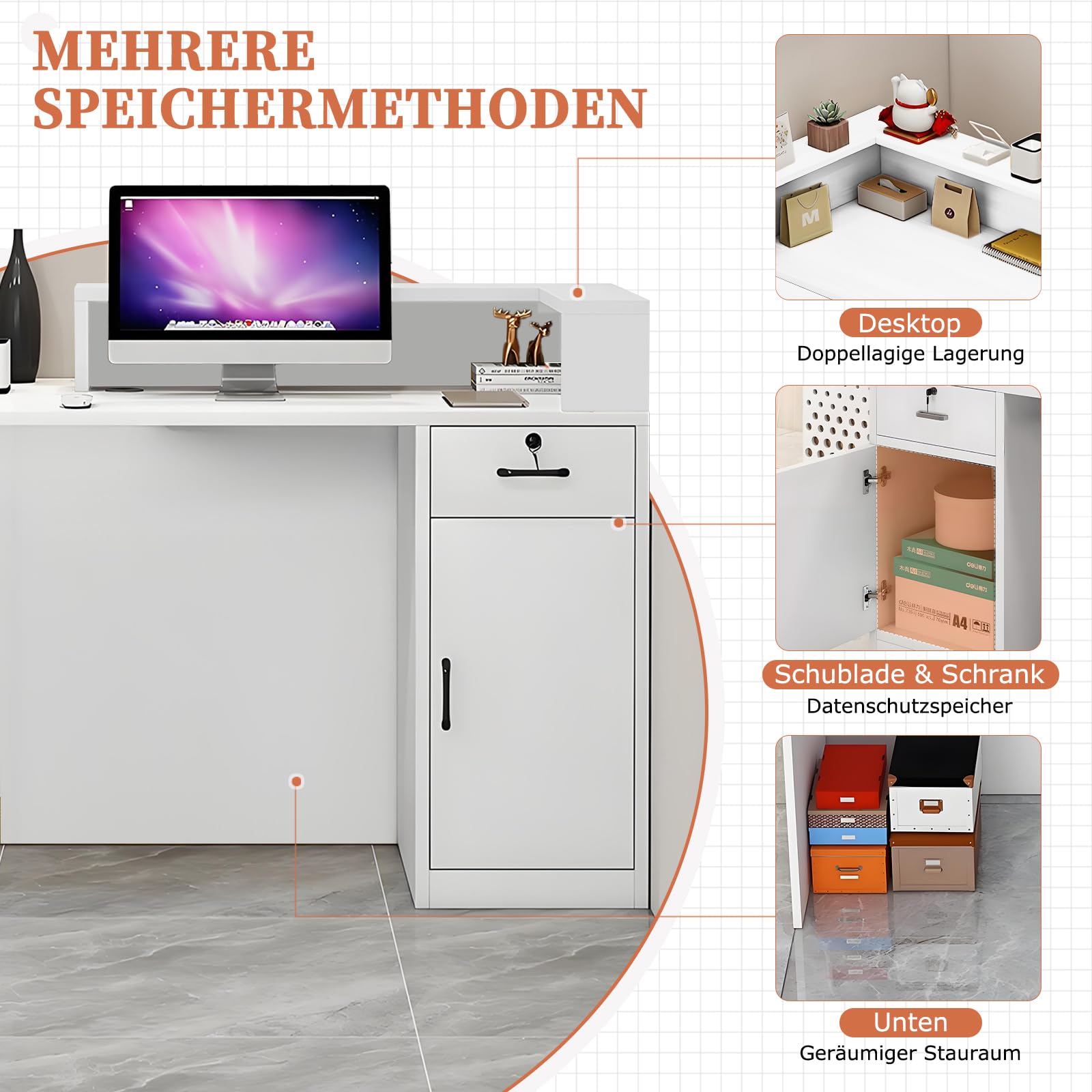 Empfangstheke modern mit Schublade und offenen Regalen, 100–240 cm, für Büro, Salon, Lobby