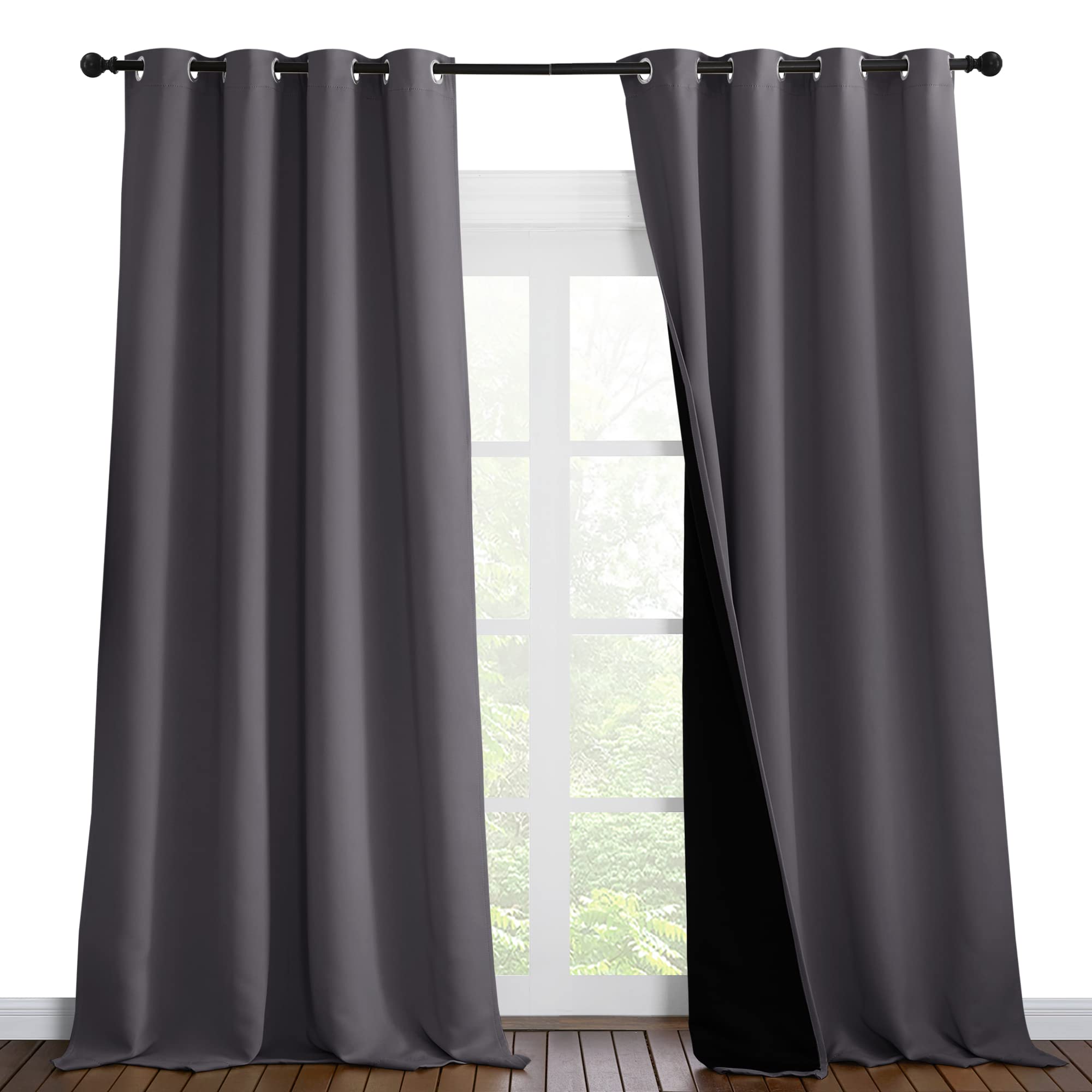 NICETOWN Total Shade Curtains and Draperies, Heavy-Duty Full Light Shading Drapes with Black Liner Backing for Villa/Hall/Dorm Window（Gray, Package of