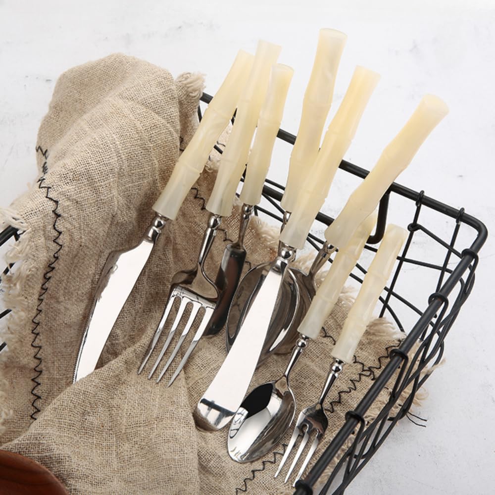 Set di Posate con Manico in Acrilico, da Cucina, in Acciaio Inox, Posate, Coltello da Bistecca, forchetta, Cucchiaio, cucchiaino da tè (Beige, Bianco, Argento, Coltello Rotondo - 6