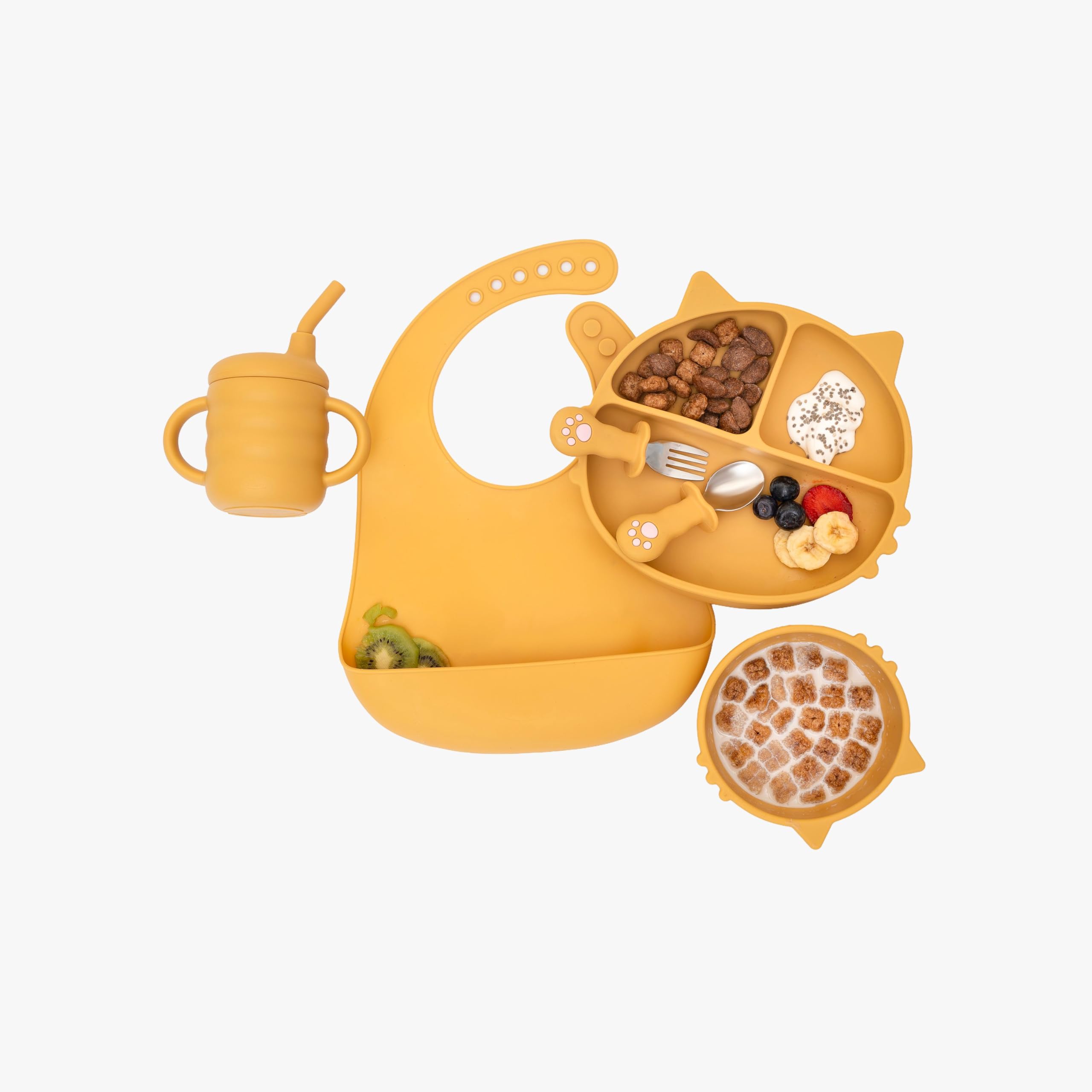 Kids Station 6 Piece Portable Cat Shaped Silicone Baby Feeding Set - Baby Bib, Plate, Fork, Sipper, Spoon and Bowl, Mealtime Essentials, Promotes Baby Self-Feeding for Highchair (Yellow)-image-37