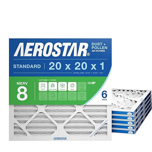 Aerostar 20x20x1 MERV 8 Pleated Air Filter, AC Furnace Air Filter, 6 Pack (Actual Size: 19 3/4" x 19 3/4" x 3/4")