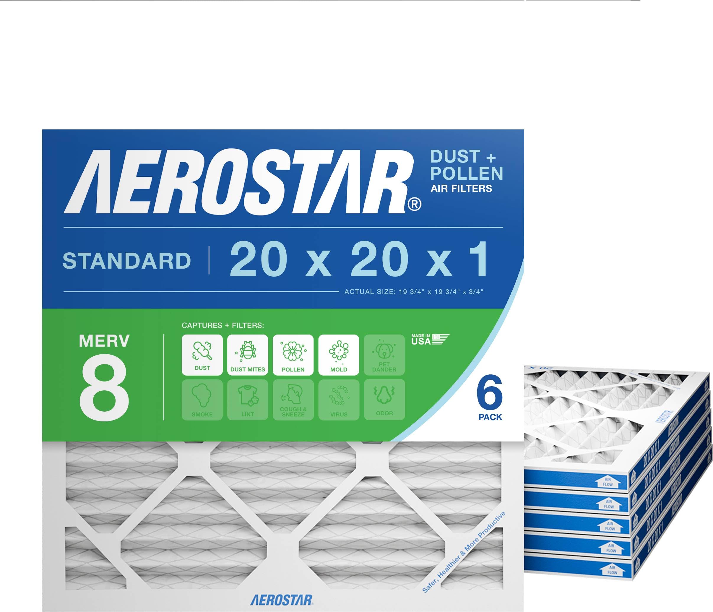 Aerostar 20x20x1 MERV 8 Air Filter, 6 Count, ACTUAL SIZE (19.75 x 19.75 x 0.75), HVAC, Air Conditioning & Furnace Filter Captures Dust, Lint & Pollen (MPR 600 / FPR 5), Made in USA