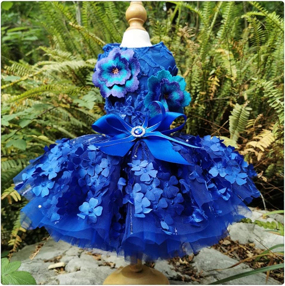 Handmade Dog Clothes Gorgeous Royal Blue Embroider 3D Flowers More Layers Tulle Gown Pet Cats Princess Dress Poodle (Small)