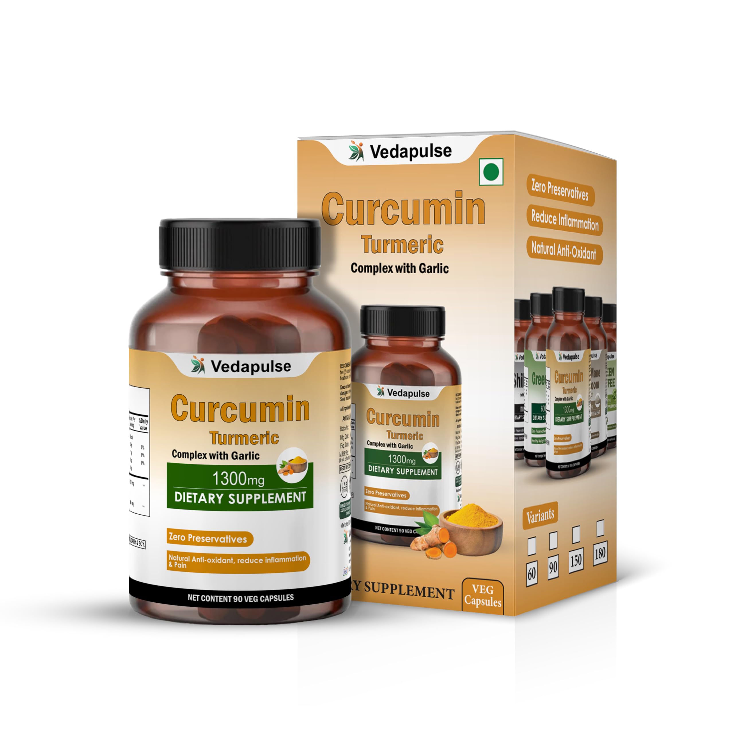 Vedapulse Curcumin Complex with Garlic - Natural Antioxidant Supplement for Supporting Overall Health - 90 Veg Capsules