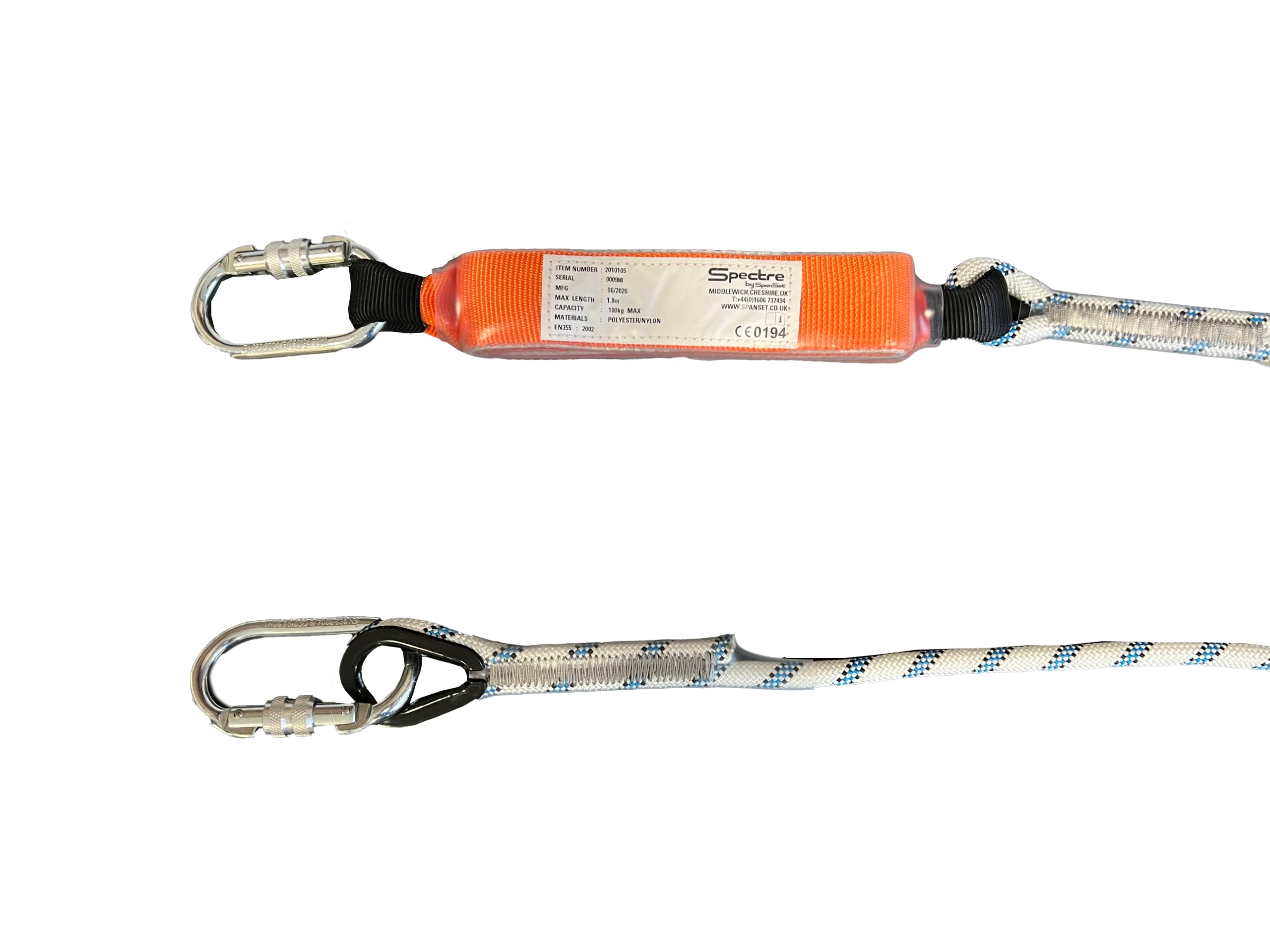 Cordino SpanSet Anticaduta 2 mt con assorbitore di energia a strappo con 2 moschettoni in acciaio. Conforme alla norma EN355.