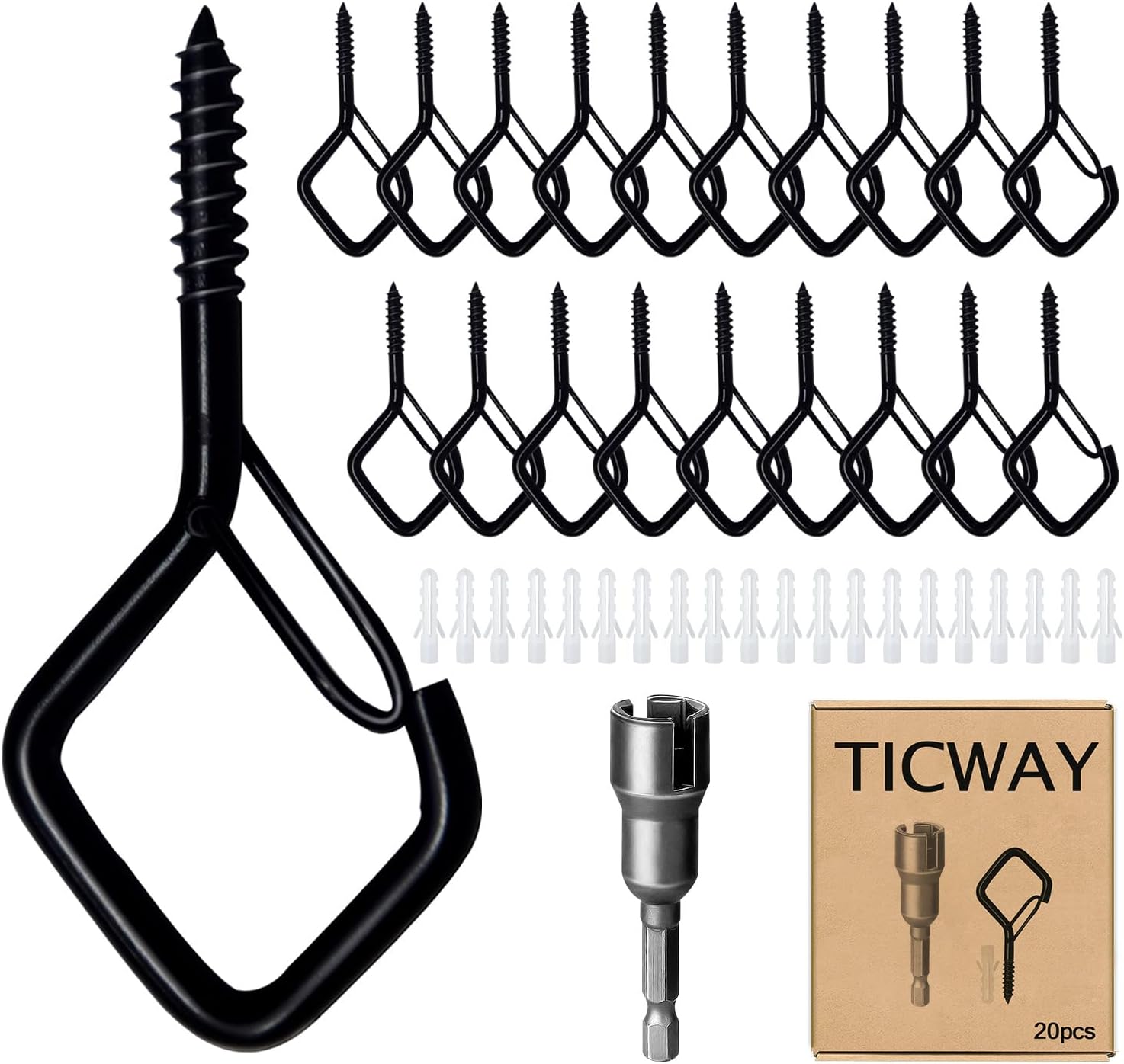 - 20 PCS Q-Hanger Hooks for String Lights, Ceiling Hooks for Hanging Plants, Wind Chimes, Bird Feeders, Lanterns, Christmas Decorations (Square Hanger) Black