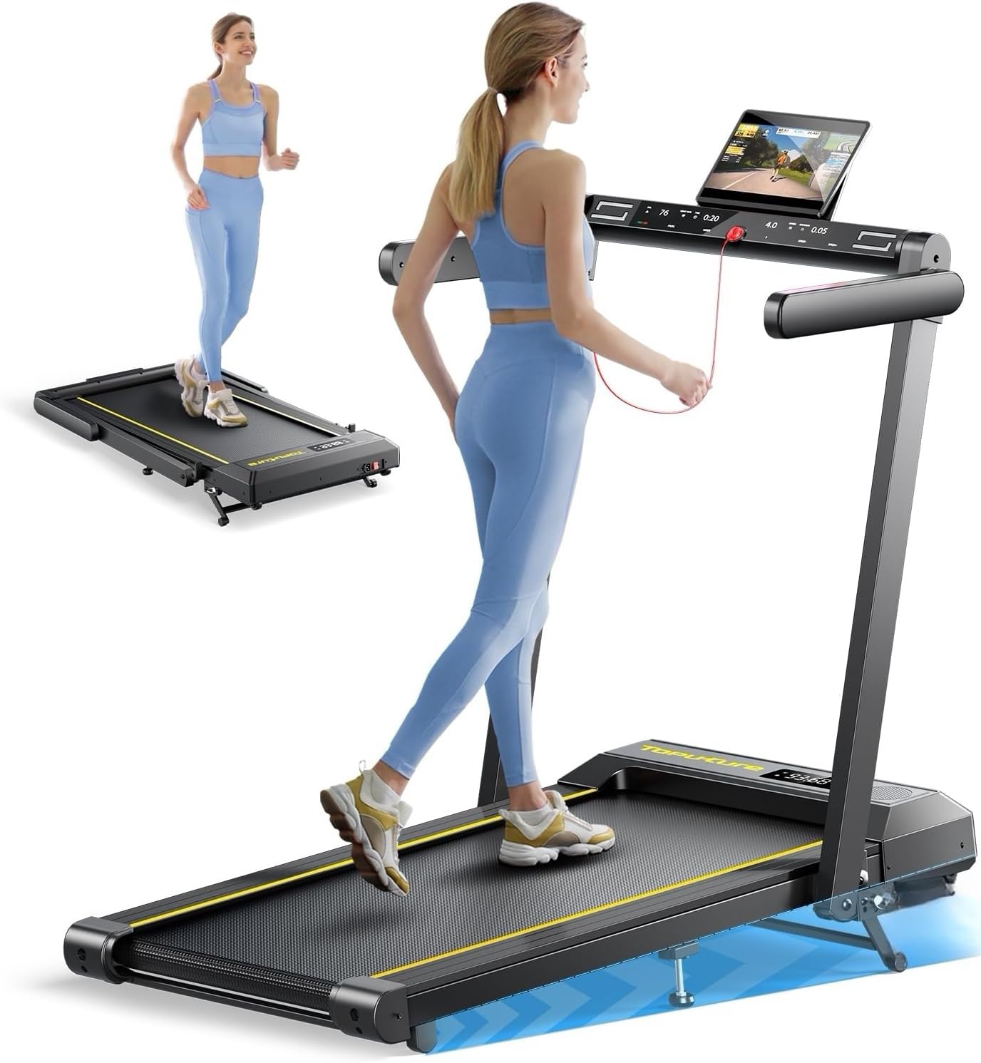 Cinta de Correr Plegable, 6 en 1 Cinta de Correr con Frecuencia Cardíaca | 1%-6%-12% Inclinación, 16KM/H, Dual Pantalla, Bocina Bluetooth, App, Cinta de Andar para Hogar/Oficina