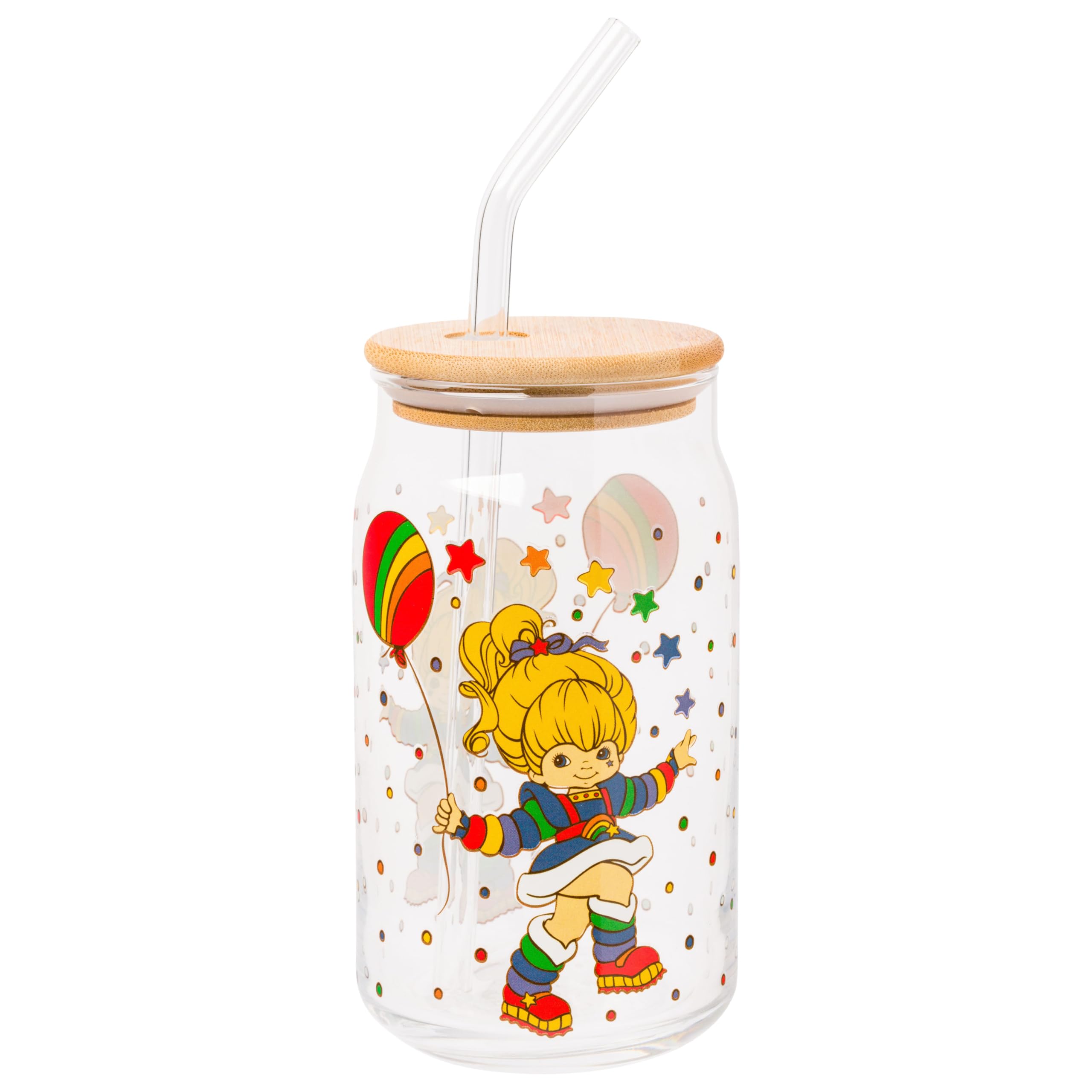 Silver Buffalo Rainbow Brite Balloon Stars Glass Jar Tumbler with Bamboo Lid and Glass Straw, 16 Ounces