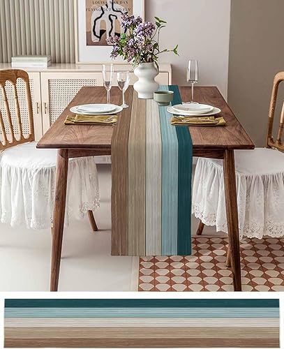 Miniatura 126 de Camino de mesa de algodón y lino estilo granja rústico retro, textura de madera de granero, color degradado marrón y gris, antideslizante,