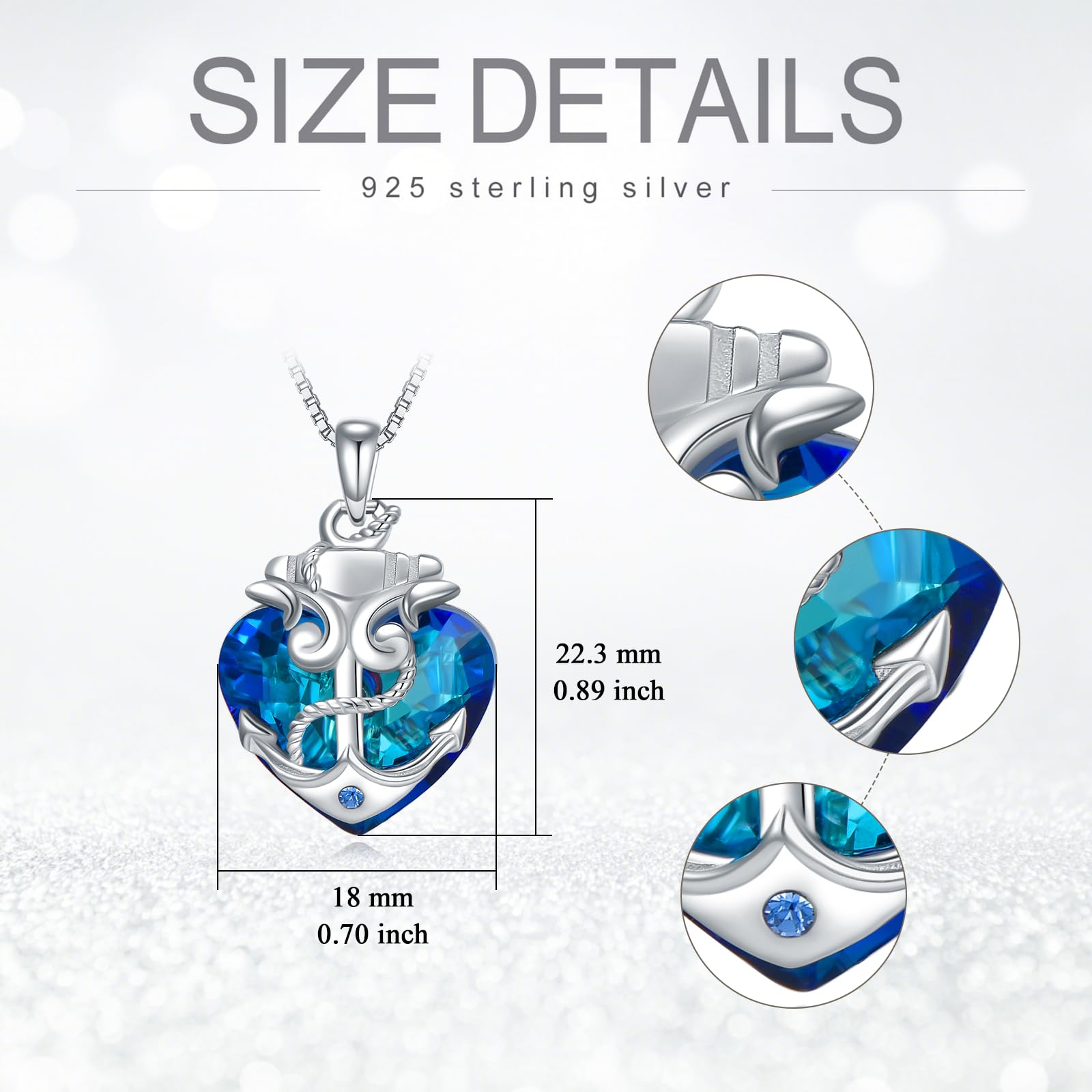 YAFEINI Anker Halskette für Damen 925 Sterling Silber Blau Ozean Herz Nautische Anhänger Kette Kristall Schmuck Geschenk für Mädchen Mutter Tochter