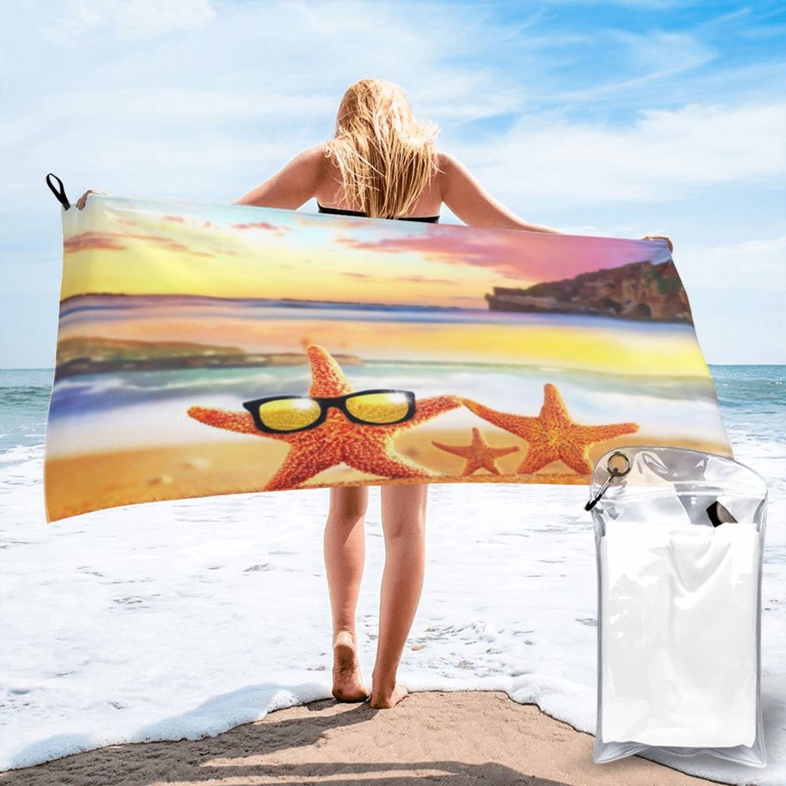 Lawenp Starfish Coast Microfiber Beach Towel Adults Large Quick Drying Bath Towel Travel Towels with Pouch 31.5"x63"