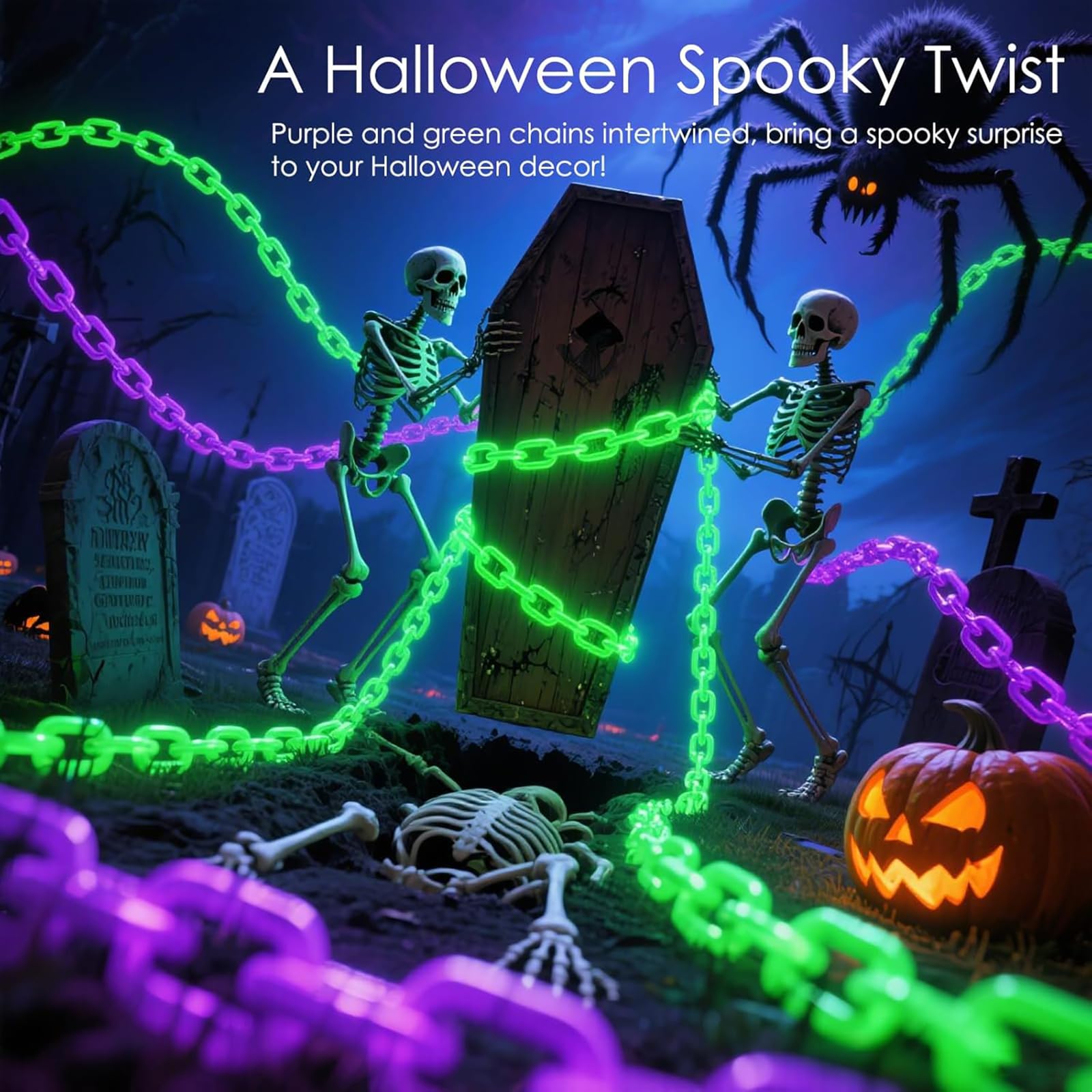 Catene verdi da 3 m a batteria, luci di Halloween, decorazioni di Halloween per esterni e interni, 8 modalità di illuminazione con timer per feste, casa infestata, scheletro, cane, raccapricciante
