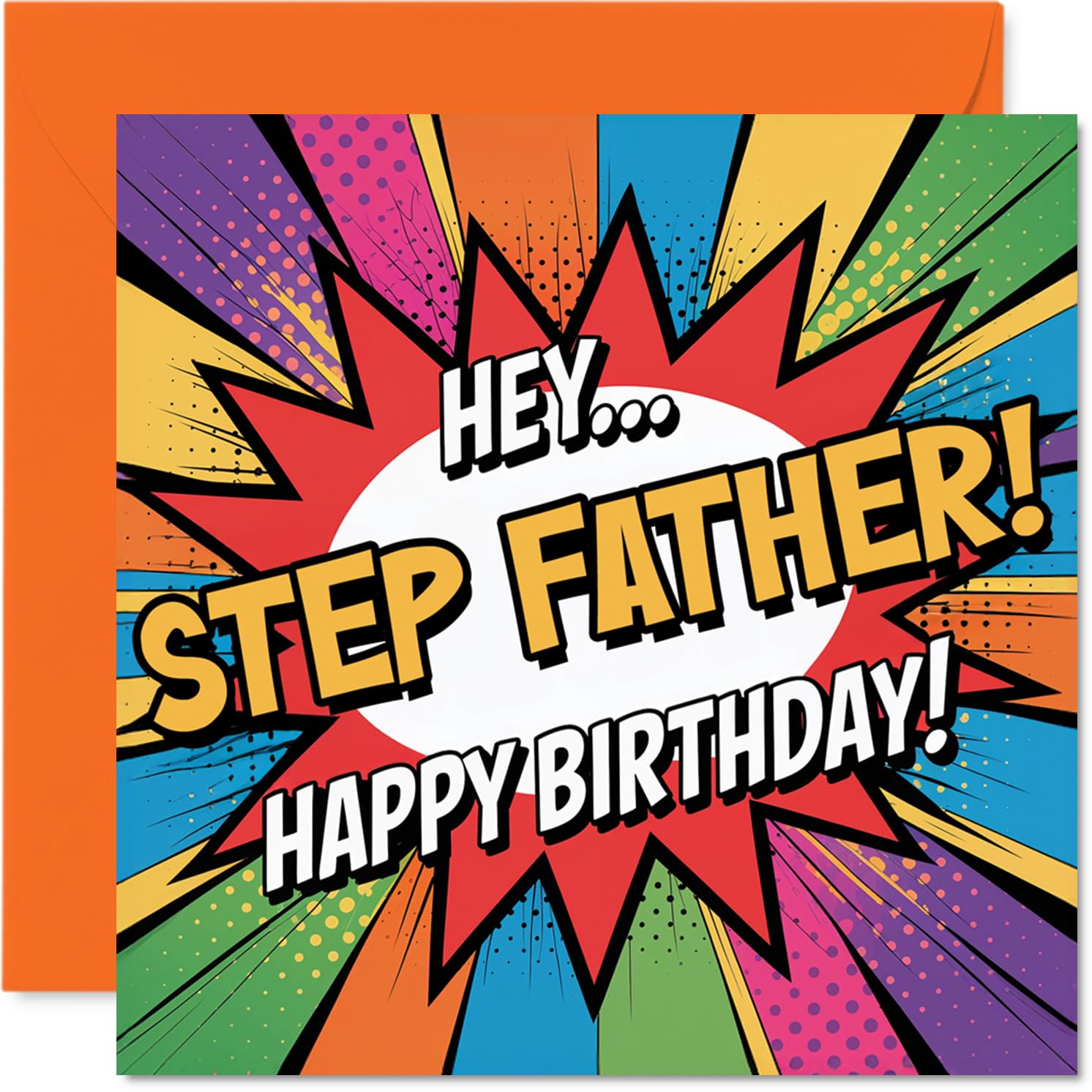 Playful Birthday Card for Step Father - Bursting with Birthday Cheer - Bold Comic Explosion Design with Vibrant Colours - 145mm Square, Envelope Included
