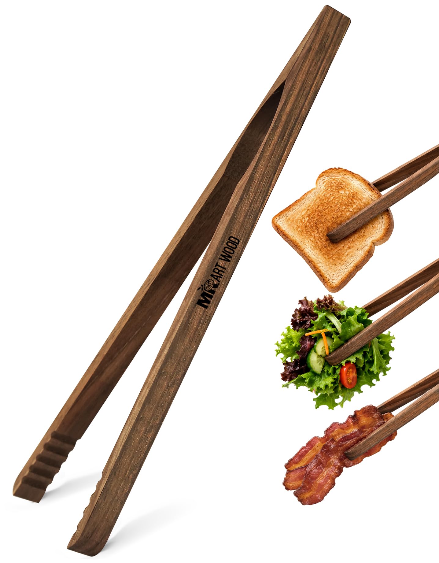 Mr.Art - Pinzas de cocina de madera de fresno (paquete de 4), 10 pulgadas de longitud, ultra agarre, ideal para tostadas, frutas, pan y encurtidos, fabricadas en Europa (nogal)