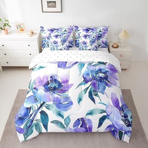 Erosebridal Watercolor Floral Full Comforter Set with Sheets 7 Piece,Purple Blue