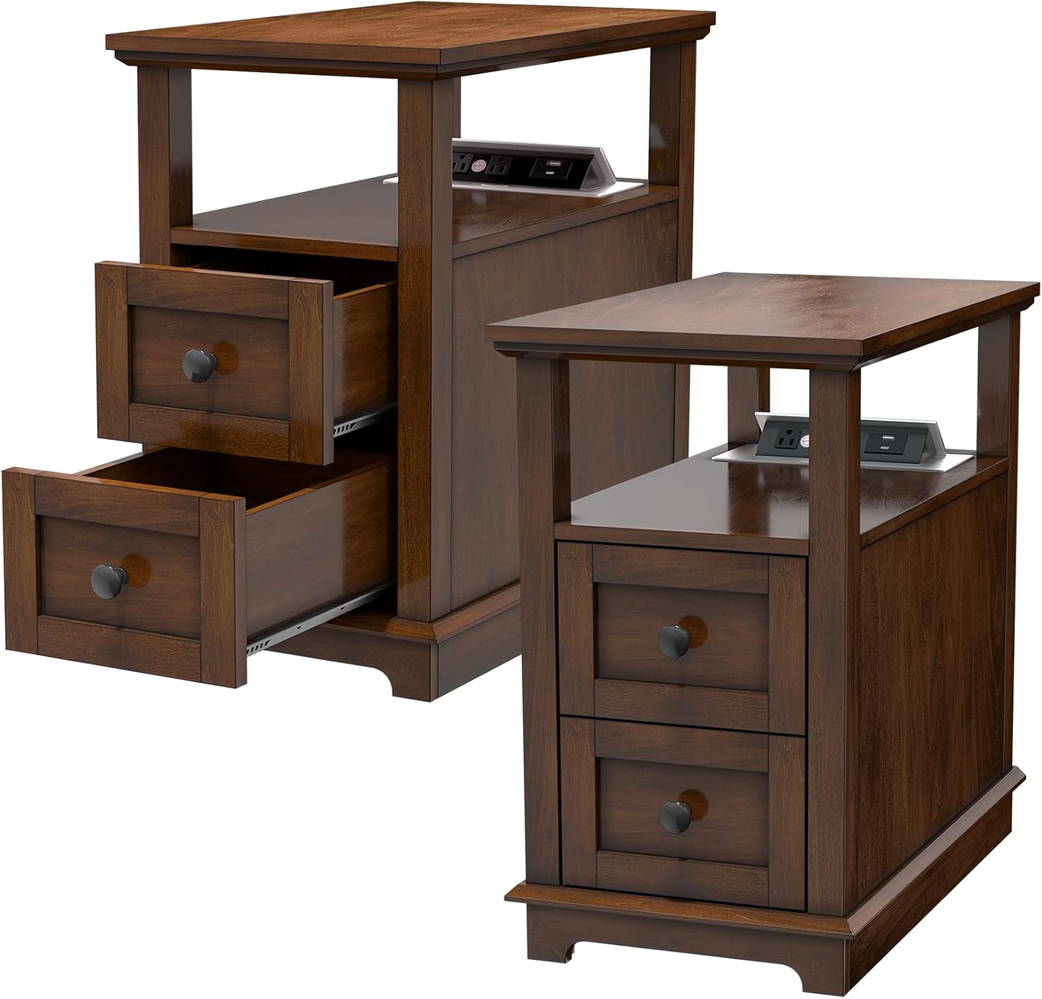 HIFYOBRO Narrow End Table with Flip Top Charging Station, Side Table with 2 Drawers, Type-C & USB Port & Power outlets, Wooden Storage Cabinet, Side Table with Storage for Living Room Bedroom