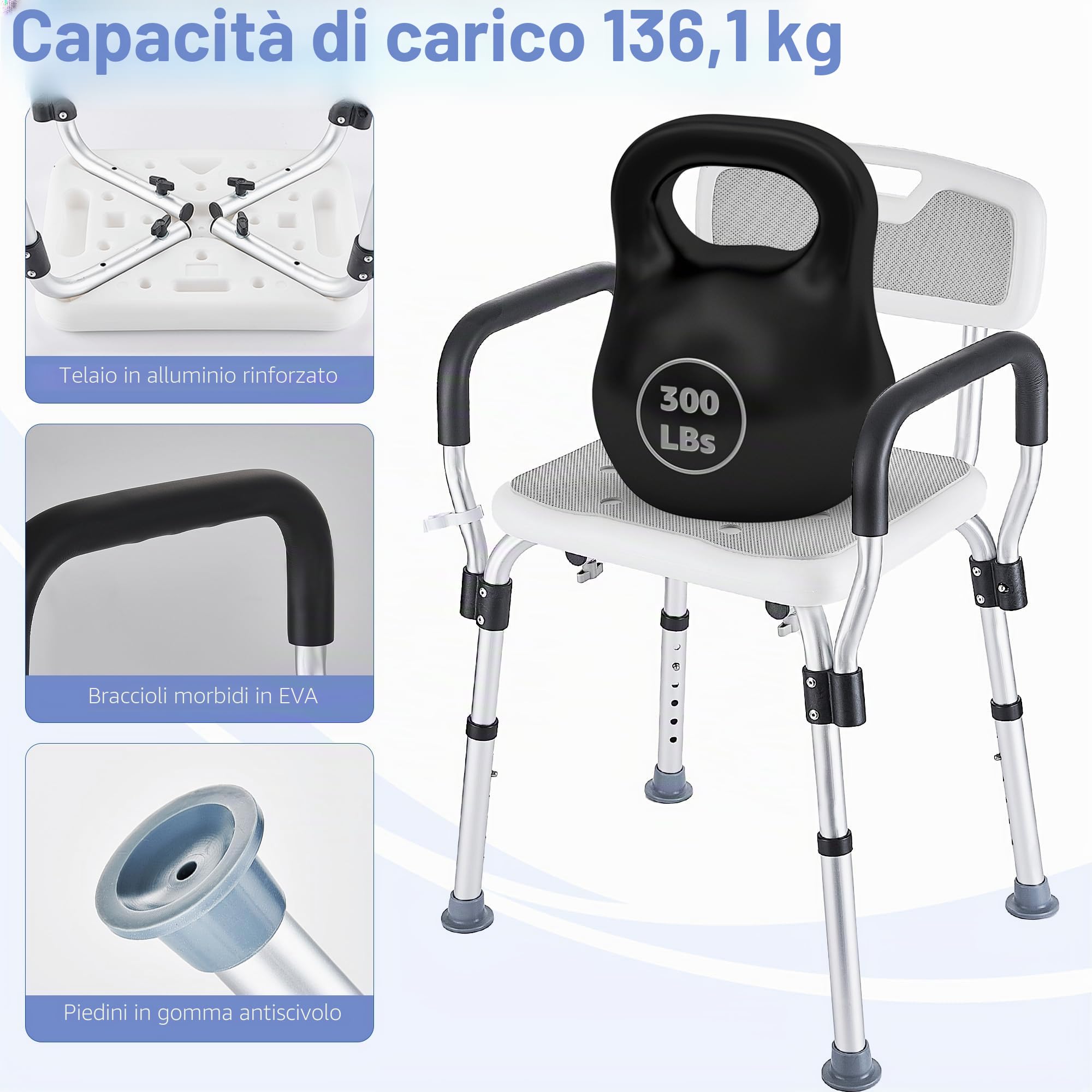 Sedia per Doccia per Anziani e Disabili, Sgabello Doccia con Braccioli e Schienale Rimovibile, Sedile per Vasca da Bagno Antiscivolo Regolabile in Altezza, portata fino a 150 Kg