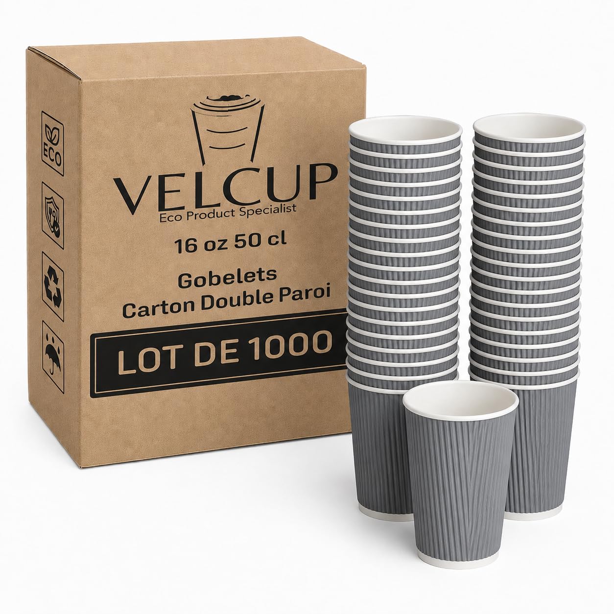 Lot de 250 gobelets jetables en carton double parroi gris (1000, 500, Millilitres, Sans couvercle)