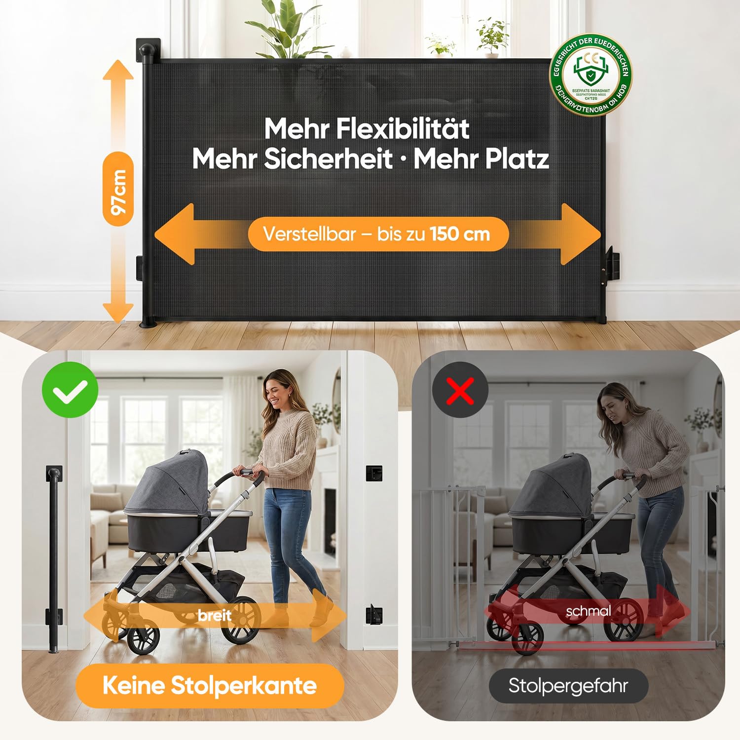 Sekey Treppenschutzgitter Ausziehbar 0-150 cm Höhe 97 cm ohne Bohren Absperrgitter Baby Türschutzgitter Schwarz