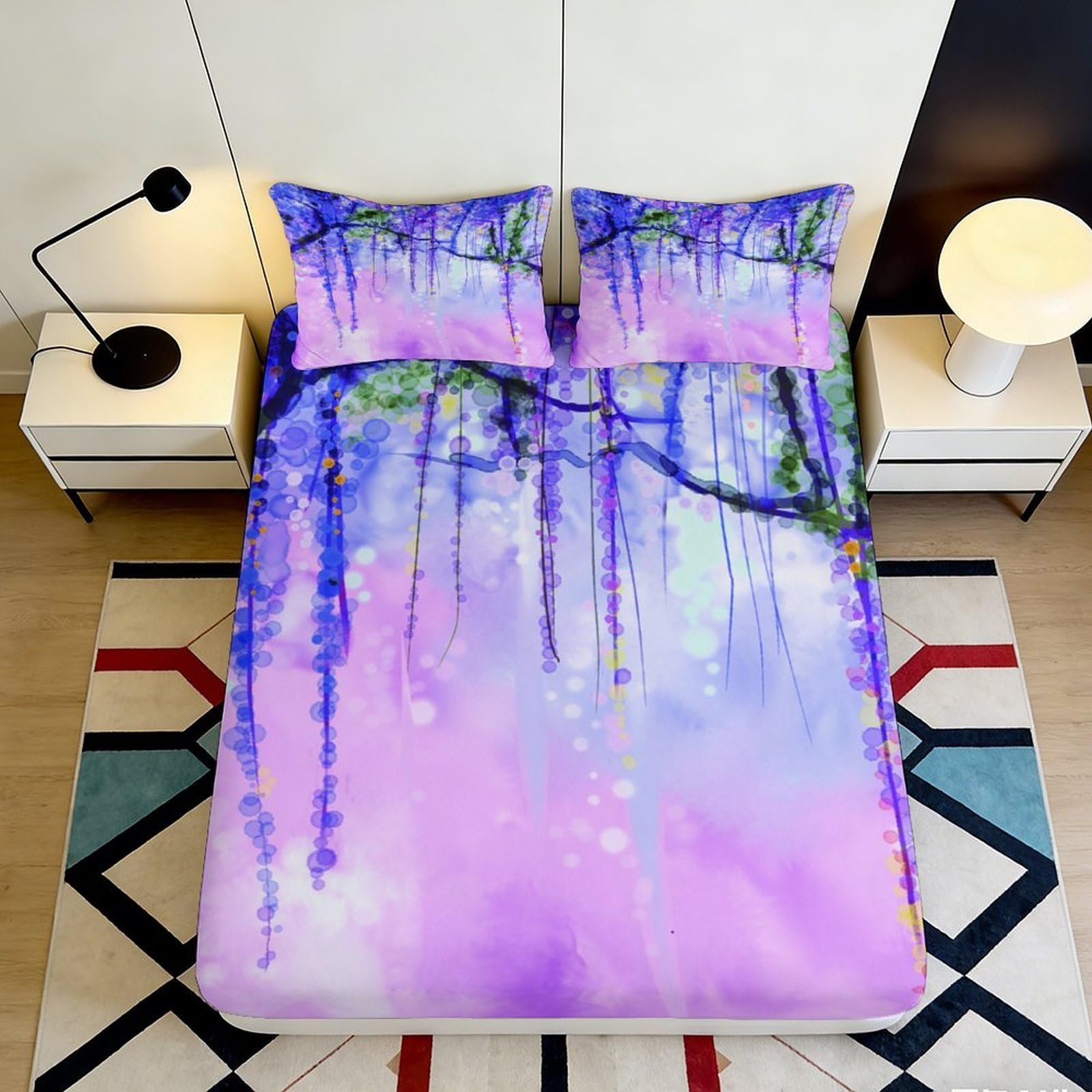 3D Printed Wisteria Watercolor Fitted Sheet Microfiber Anti-Slip Mattress Cover for Bedroom Dorm Easy Care Decor 115 140x200x25cm