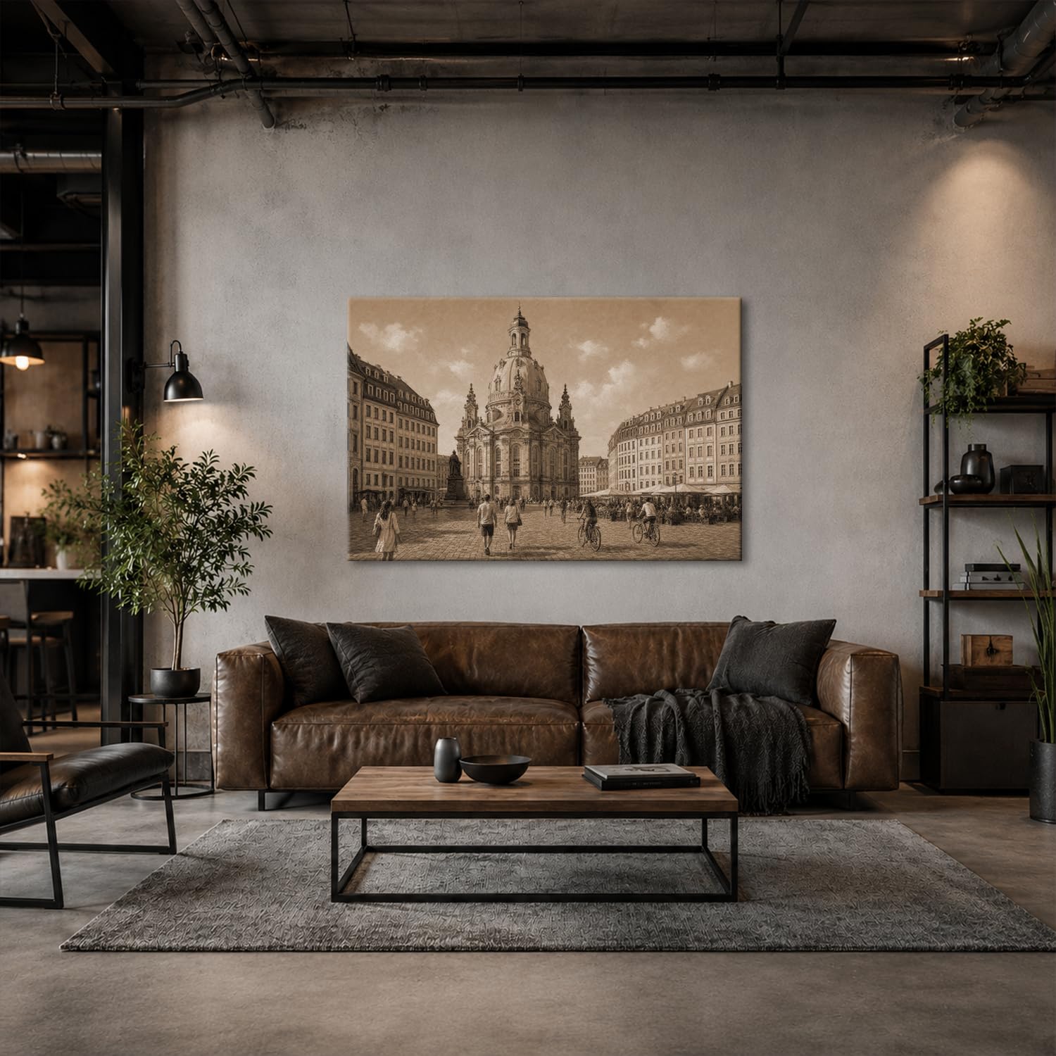 deyoli Obraz na płótnie Ludzie przed historycznym kościołem Marii Panny 70x50cm Sepia
