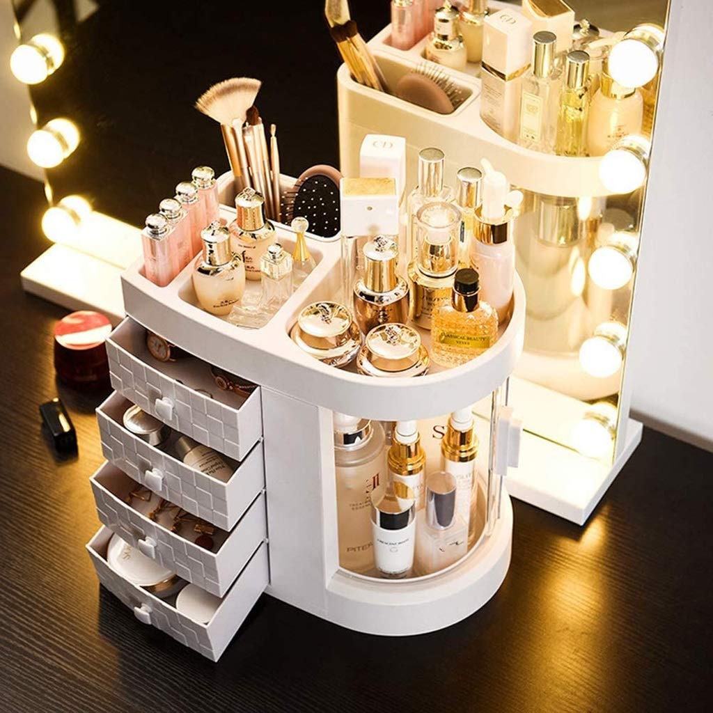 Organizador de maquillaje portátil a prueba de polvo, organizador de joyas de viaje con bandeja de cajones, soporte transparente para aretes