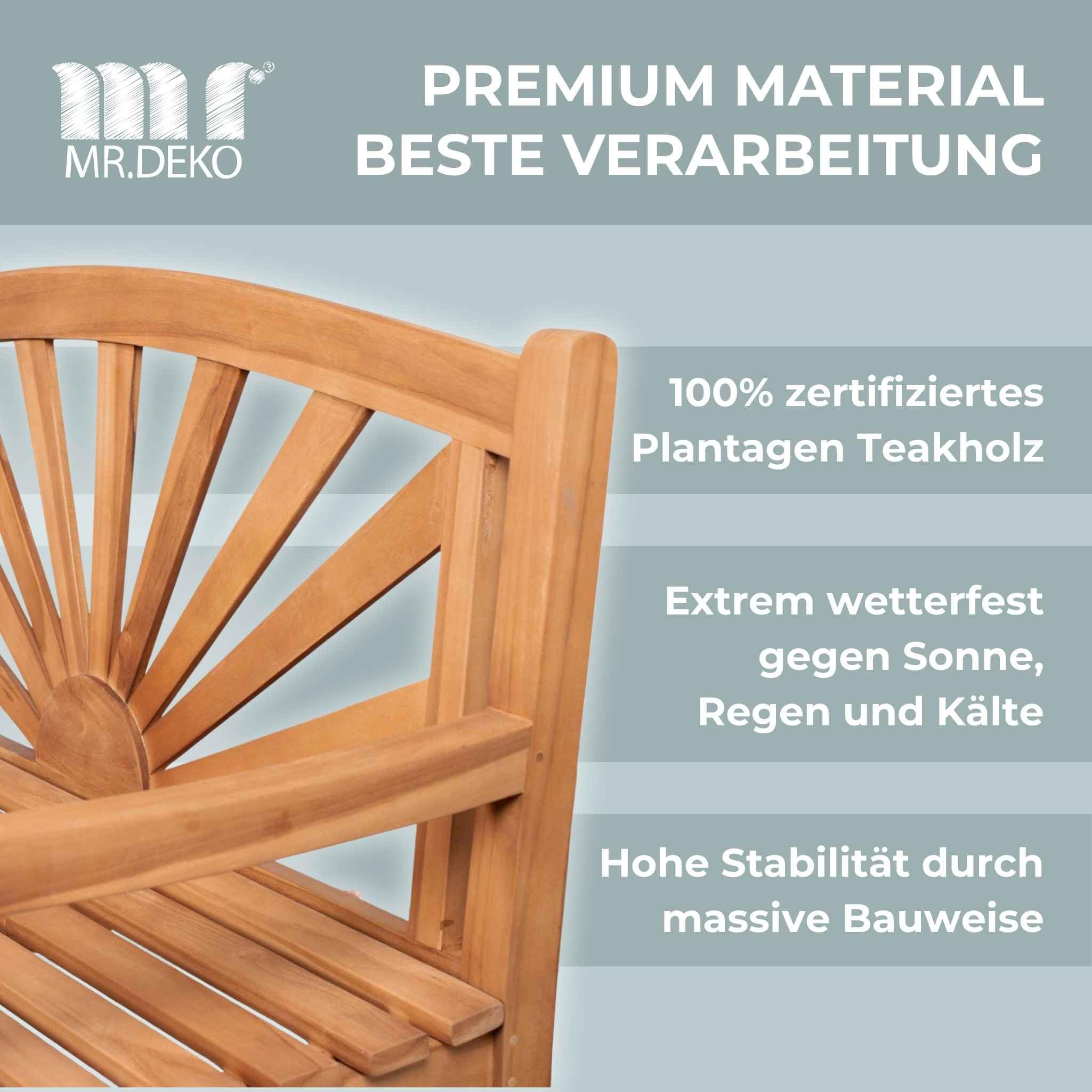MR. DEKO® Gartenbank Motiv Teakholz | Holzbank mit Lehne | Friesenbank für draußen | 2-Sitzer 120x60x94 cm | Sitzbank Teak massiv & wetterfest Garten Balkon Terrasse | Parkbank zum Relaxen (Sonne)