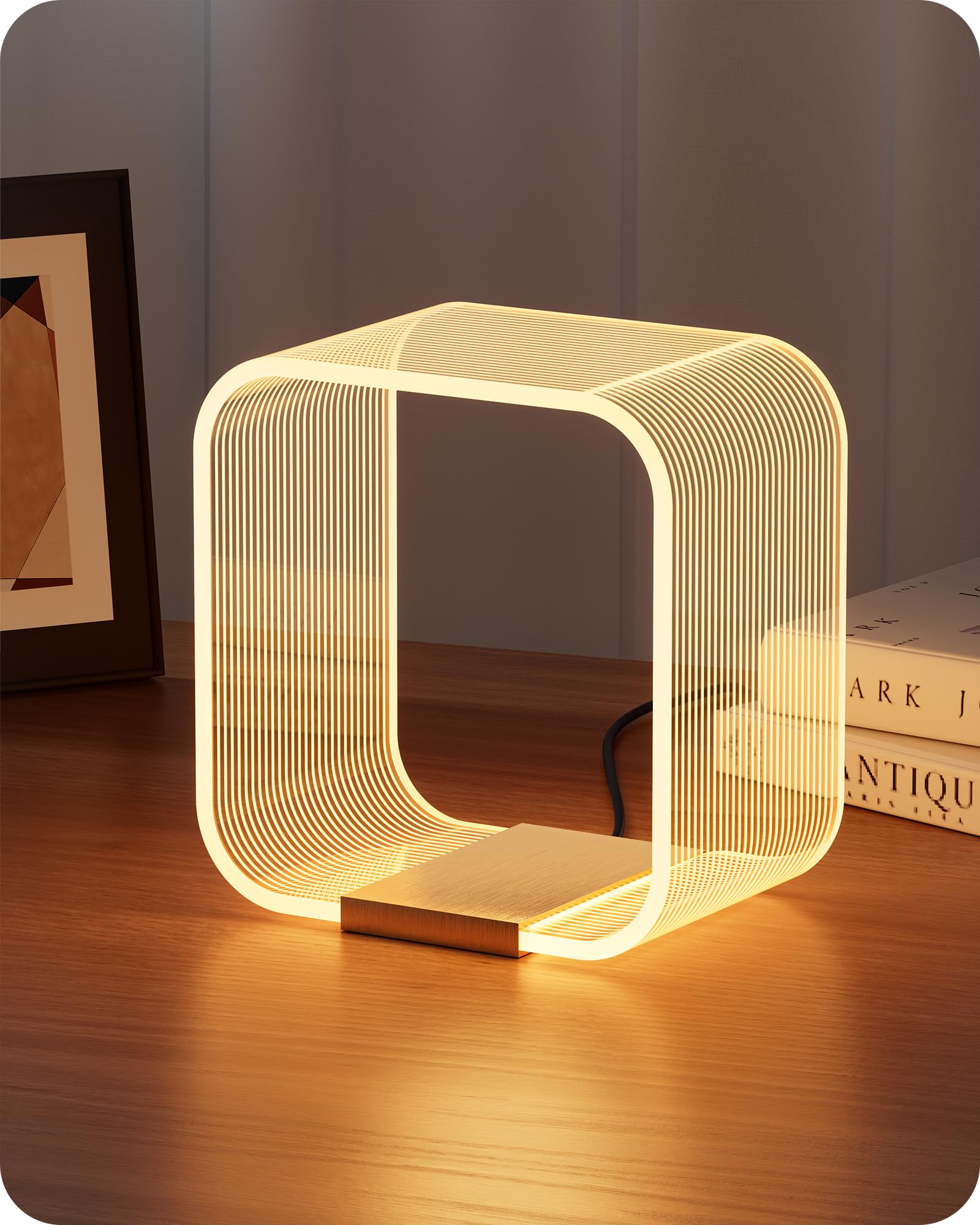 EDISHINE LED Tischlampe, Moderne Nachttischlampe mit Versteckter Lichtquelle & Lasergravur, Acryl & Aluminium, 3000K, 4W Dekolampe für Schlafzimmer, Wohnzimmer, Gold