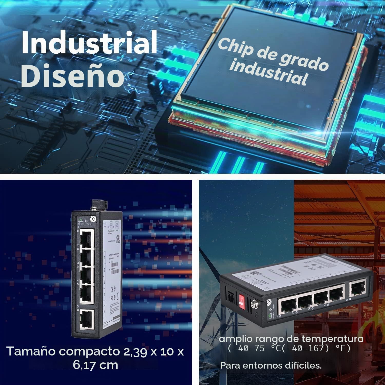 InHand Networks ISE5005D Switch Ethernet Industrial 5 Puertos Gigabit, Conmutador de Red No Gestionable Carril DIN, Ultracompacto 24mm, -40°C a +75°C, Certificado CE/UL (Bornera Incluida)