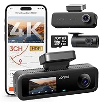 70mai Dash Cam Auto 4K 3 Canali T800E, Telecamera Tripla Anteriore e Posteriore 4K+1080P+1080P, HDR, Visione Notturna IR, Modalità Parcheggio, F1.55, GPS, Supercondensatore, 64 GB SD Inclusa