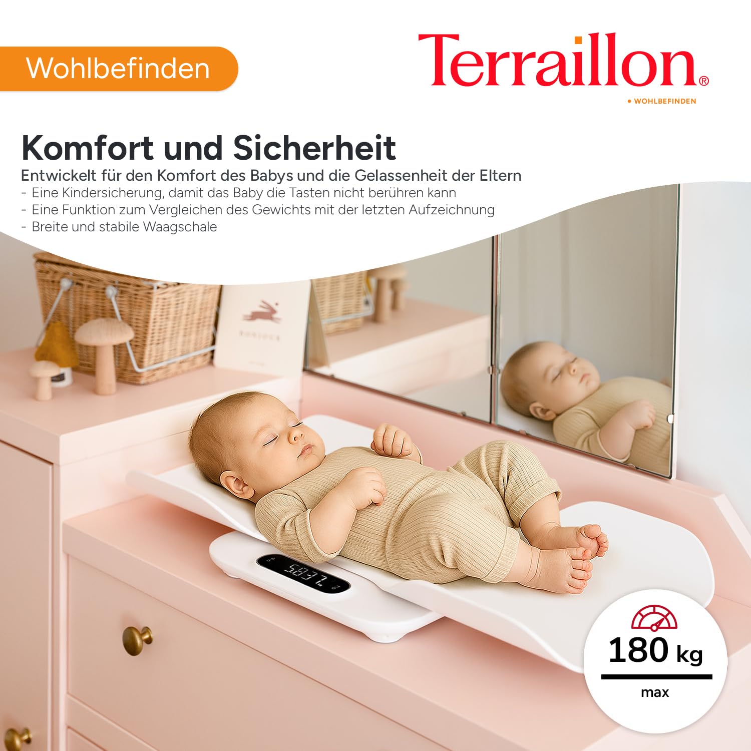 TERRAILLON - Baby Fit – Elektronische Babywaage 2-in-1, abnehmbare Babywanne, Gewichtsvergleichsfunktion, Kinderverriegelung, Skala 5-10-15 g, Kapazität 180 kg, Hülle inklusive, Weiß