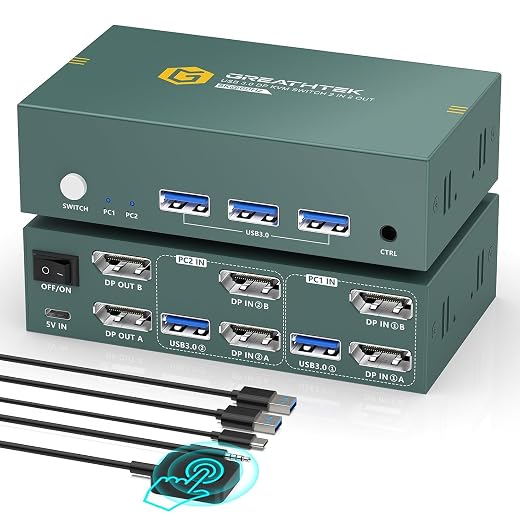 GREATHTEK 8K@60Hz DisplayPort KVM Switch 2 Monitors 2 Computers | USB3.0 2 Port KVM Switch EDID Supported