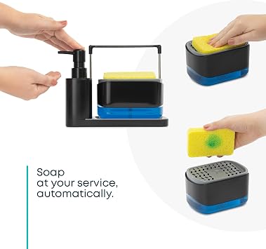 Fineway 3-in-1 Automatic Refillable Soap Dispenser Set with Sponge Holder, Black Sink Caddy Organiser for Kitchen & Bathroom (Black)