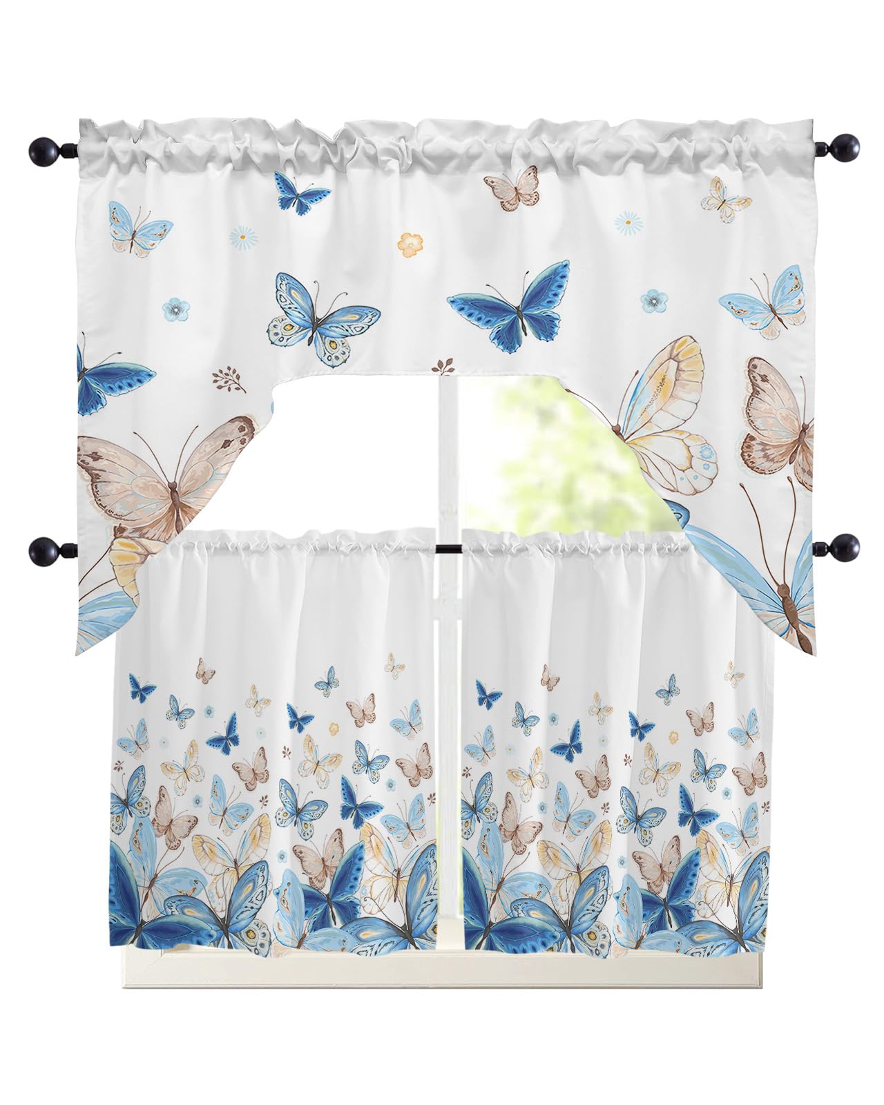 Blue Butter-fly Swag Kitchen Curtain Sets with Valance,3 Pieces Rod Pocket Curtain Drapes for Bedroom Living Room Bathroom Windows,Country Aesthetics Gradient Brown Art 56''x36'' & 24''x27.5''x2Panels