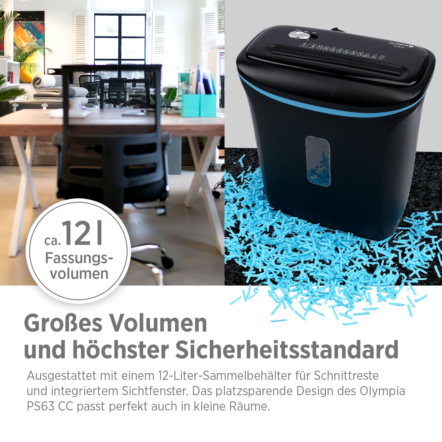 Olympia PS 63 CC niszczarka do dokumentów, cięcie krzyżowe, do 6 arkuszy, cięcie cząstek 4 mm, niszczarka papieru i kart kredytowych, poziom bezpieczeństwa P4, cicha praca 70 dB, pojemnik na ścinki 12