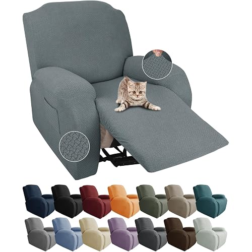 JIVINER 4-Piece Recliner Chair Covers Stretch Jacquard Covers for Reclining Chair Recliner Slipcovers for Living Room Soft Recliner Protector with Pocket (Recliner, Light Gray)