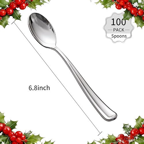 Vista 43 de WDF 100 tenedores rojos de Navidad, cubiertos de plástico desechables de 7.4 pulgadas para pasteles de postre, Navidad o uso diario