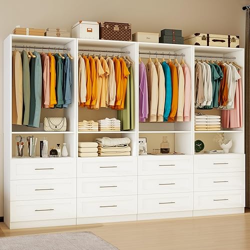 Closet System of 4 Sets, 8FT-20FT Closet Closet Organize System with 12 Wooden Drawers, 8 Hanging Rods & Shelves, Walk in Closet System Storage, Modular Closet System, White(8FT)