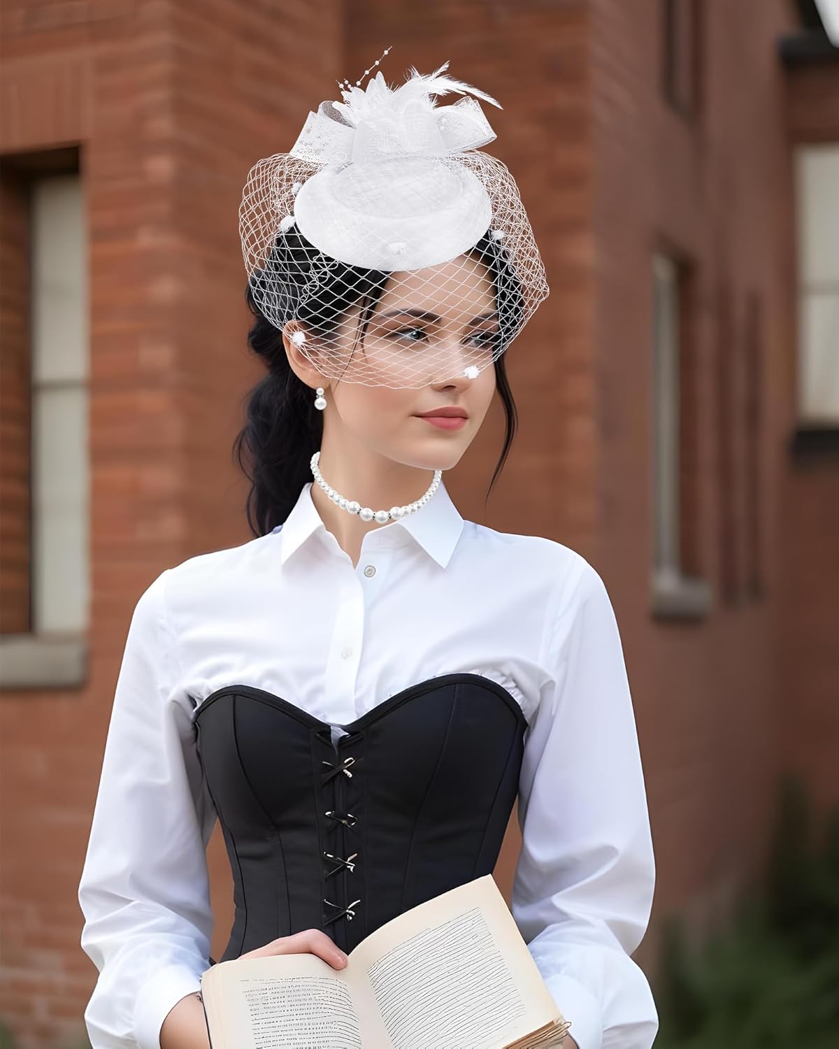 5Pcs Fascinator and Gloves Set for Women Tea Party Veil Mesh Funeral Cocktail First Communion - Image 7