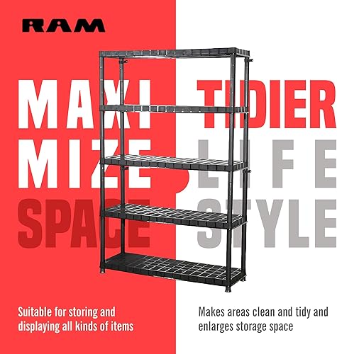 Miniatura 4 de Ram Quality Products Sistema de estantería de plástico extra de 5 niveles para organización de garaje, cobertizo o sótano, color negro