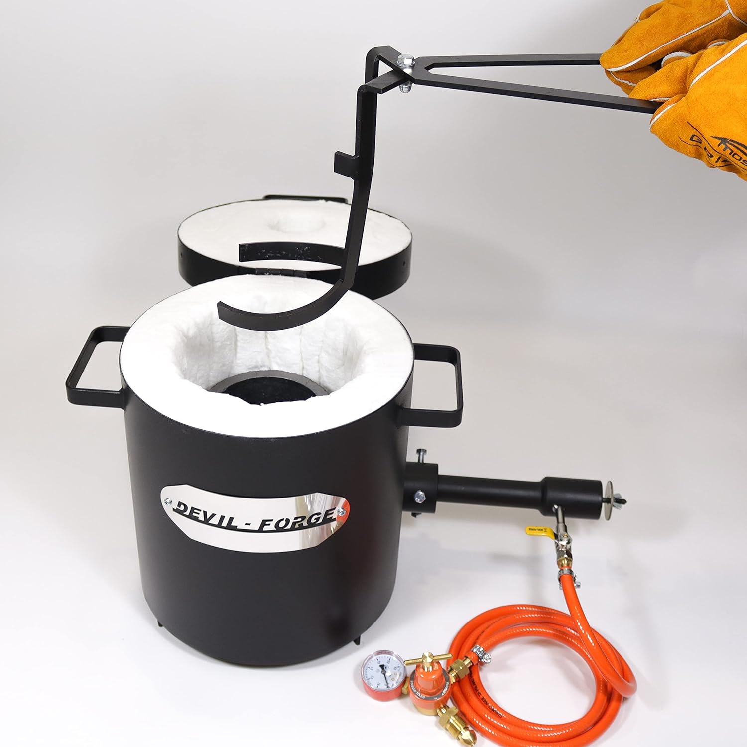 DEVIL-FORGE Propane Furnace FB2Mb Full Kit - 10Kg, Crucible, Tongs, Heat Resistant Gloves, 1 DFC Burner (180.000 BTU) Foundry Jewelers Metalsmiths Refiners 2642°F/1450°C Brass Copper Bronze Silver etc