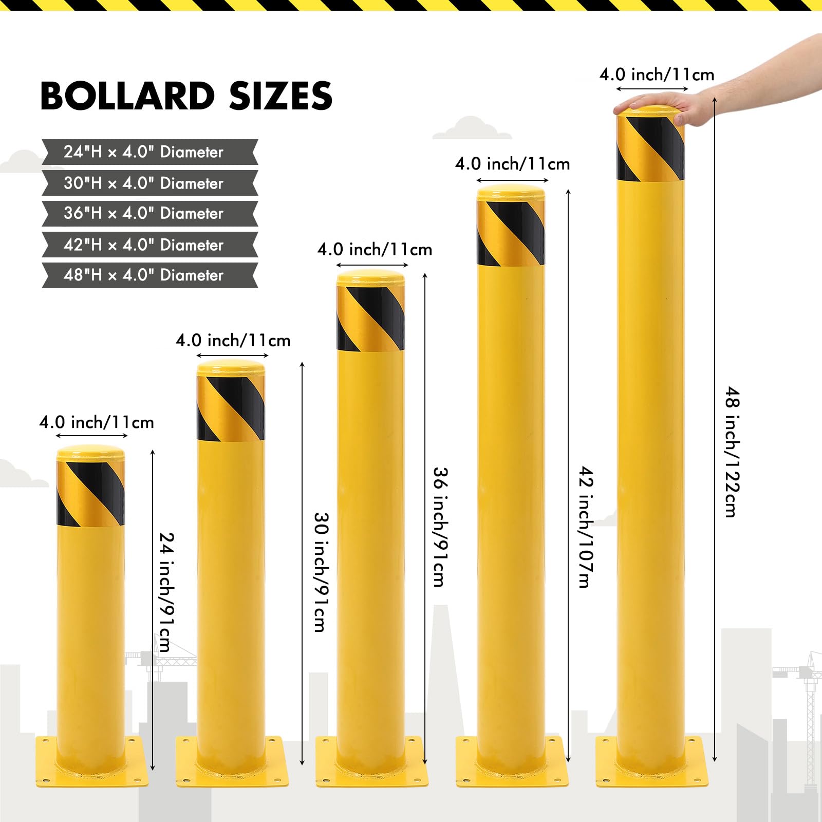 Bollard Post 30 inch, Safety Bollard Post, Removable Steel Bolt Down Parking Bollards, Yellow - 6PACK